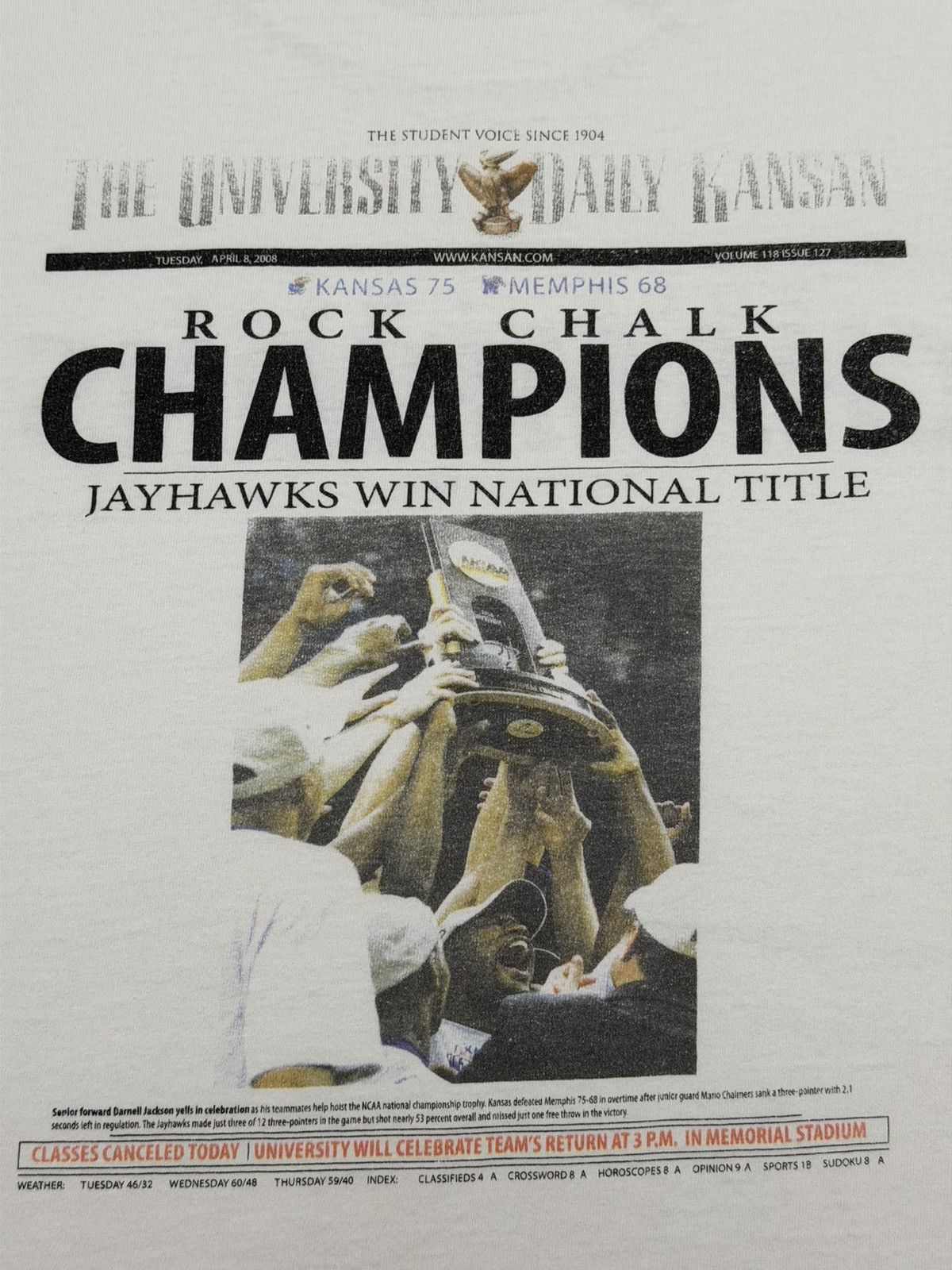 NCAA Kansas Jayhawks 2008 National Champs Newspaper Tee XL NCAA Size US XL / EU 56 / 4 - 5 Thumbnail
