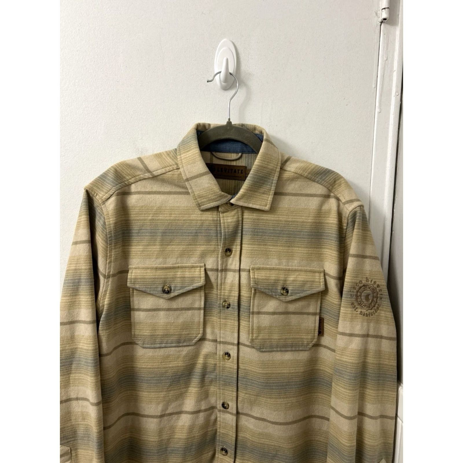 Vintage Levitate Shirt Mens M Tan Blue Striped Flannel Button-Down L/S Organic Cotton Recycled Polyester Embroidered Pockets Casual Workwear Vintage No Size US M / EU 48-50 / 2 - 2 Thumbnail