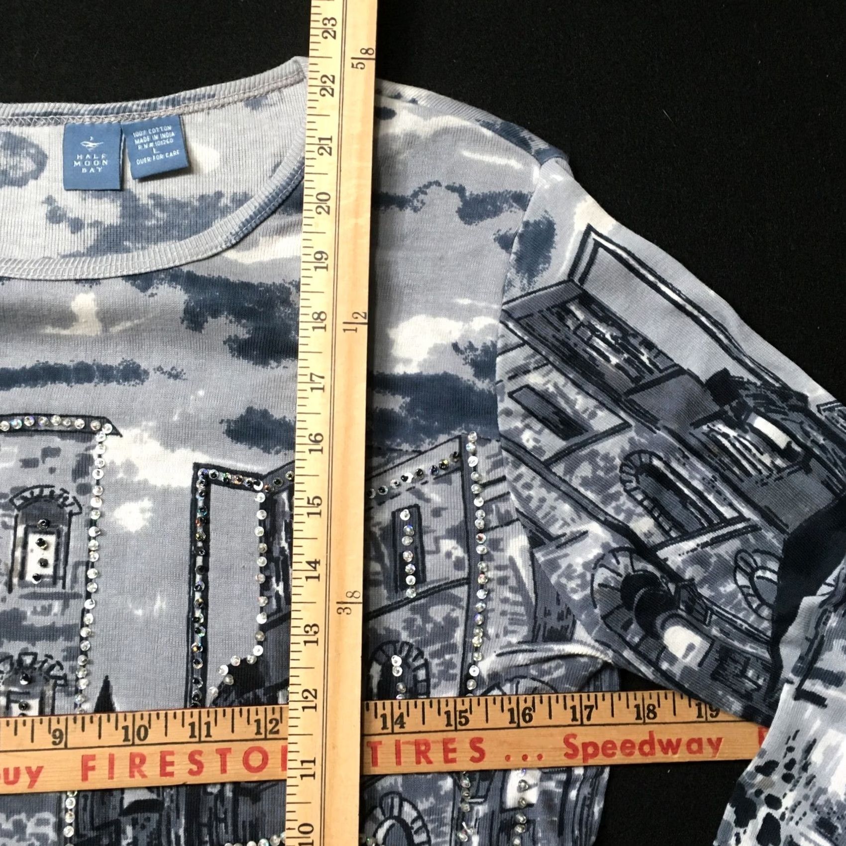 Vintage Womens large round Neck Rhinestones city life graphic long sleeve designer Size L / US 10 / IT 46 - 3 Thumbnail