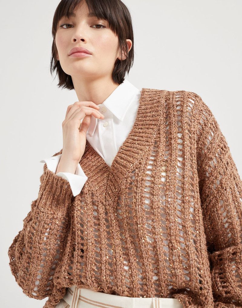 Brunello Cucinelli o1la1rc1a0326 Dazzling Openwork Rib Sweater in Brown Size XL / US 12-14 / IT 48-50 - 4 Thumbnail