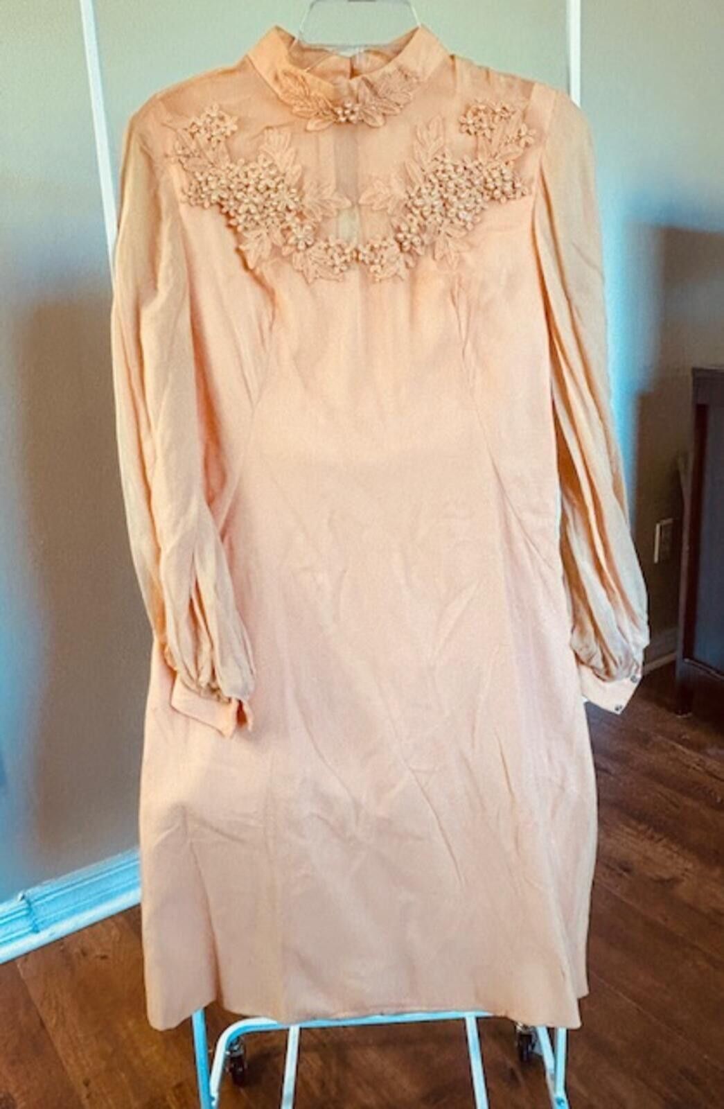 Unknown London Vtg Sylvia Ava Peach Long Sleeve Dress Pearl Embellishments Size ONE SIZE - 1 Thumbnail