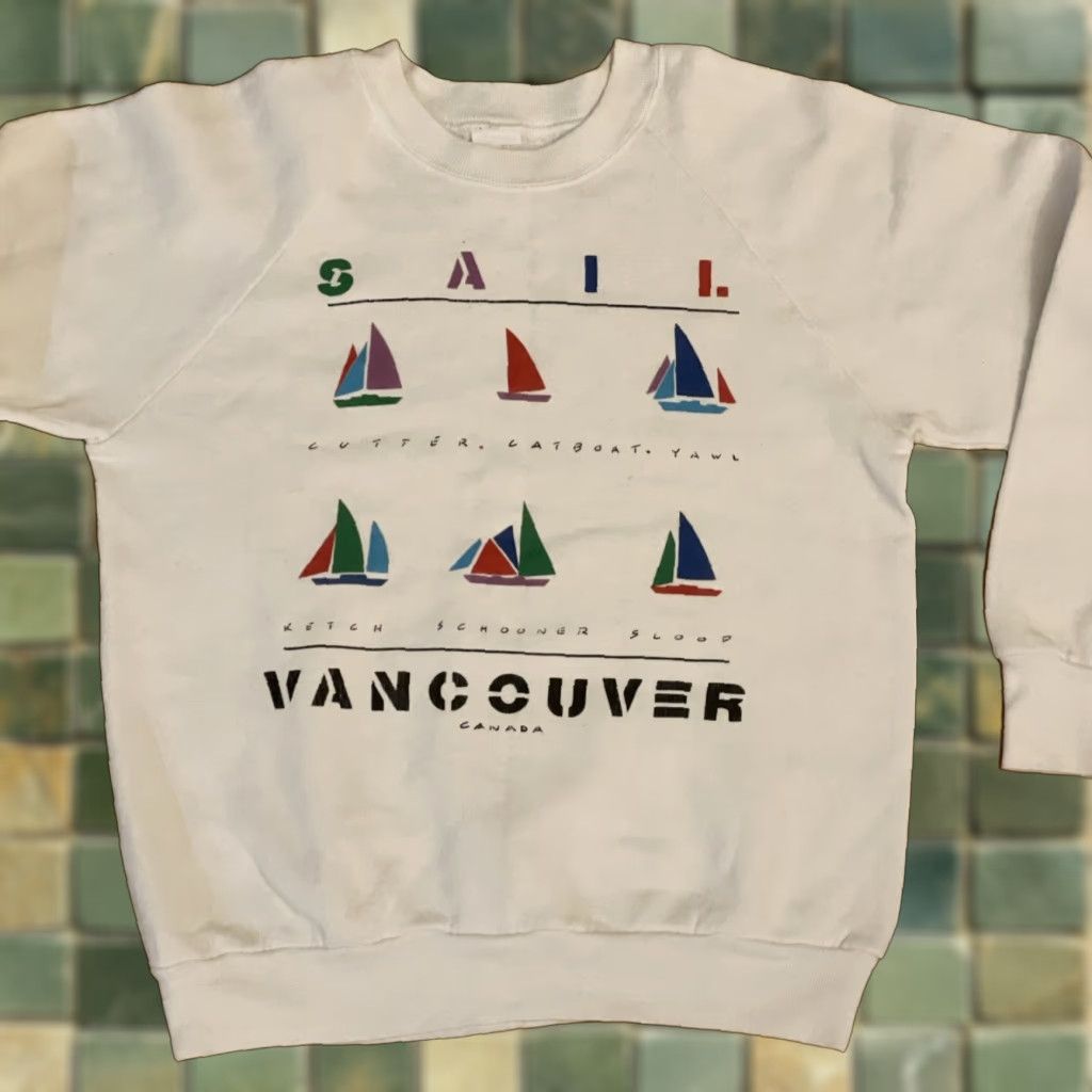 Etro VTG 80s Vancouver Canada Cutter Yawl Sail Boats Retro Sweatshirt Medium White Mens Crew Neck Pullover Logo Graphic Print All Seasons Cotton Polyester Size US M / EU 48-50 / 2 - 1 Thumbnail