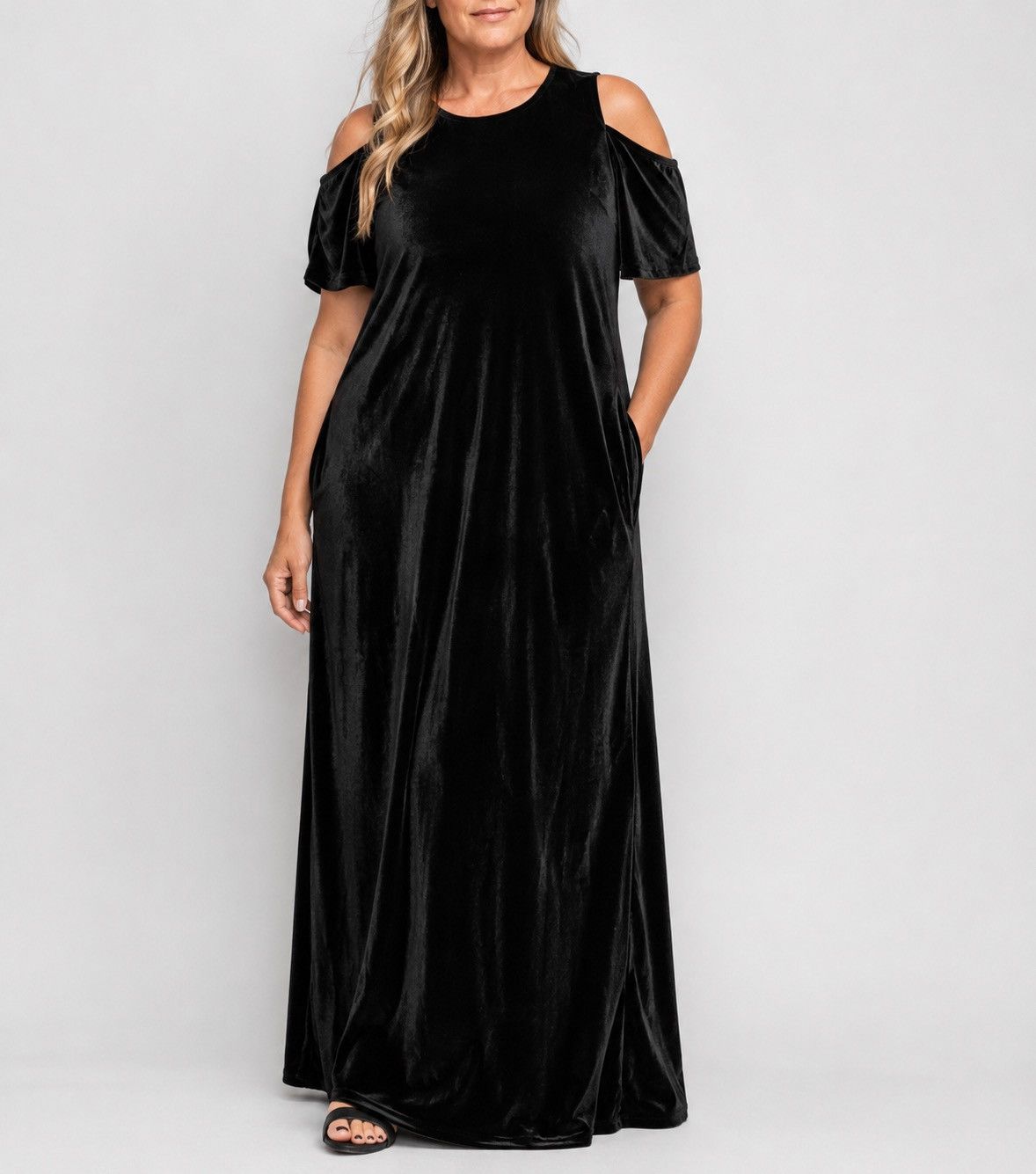 Other Catherines Black Velvet Maxi Dress Cold Shoulder Plus Formal Size XXL / US 16-18 / IT 52-54 - 1 Thumbnail