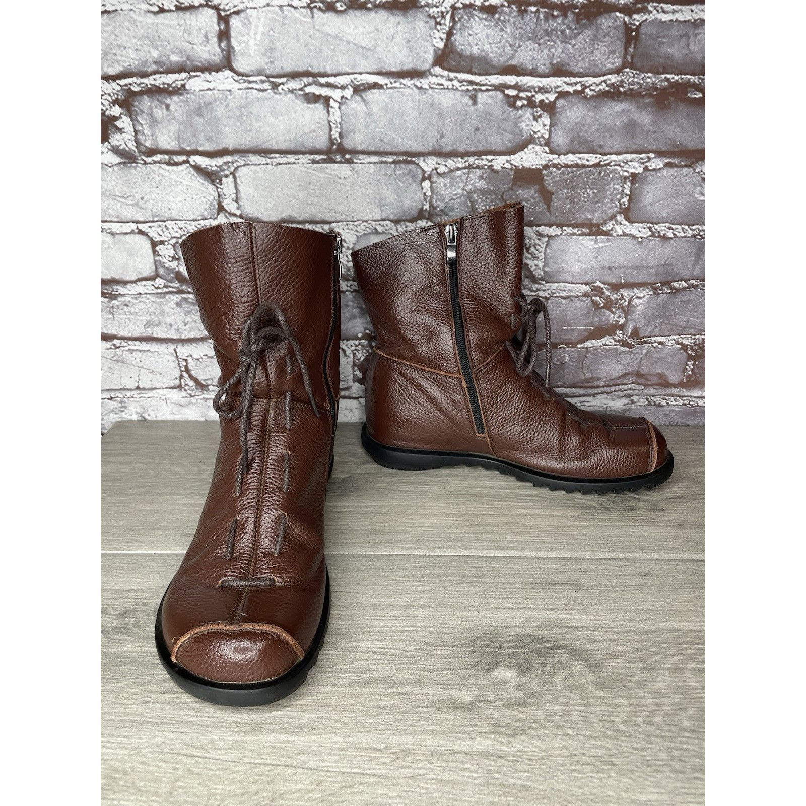 RUIbuilt Hin Rui VTG Brown Leather Ankle Boots Rope Laces Side Zip Wo Size US 8.5 / IT 38.5 - 11 Thumbnail