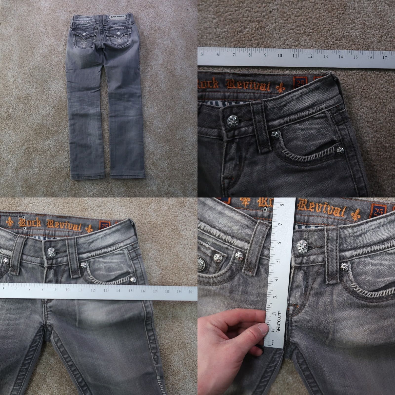 Vintage Rock Revival Celine Straight Jeans Womens 25 Gray Denim Stretch Regular 5-Pocket Leather Logo Men? Size 42" / US 20 - 8 Thumbnail