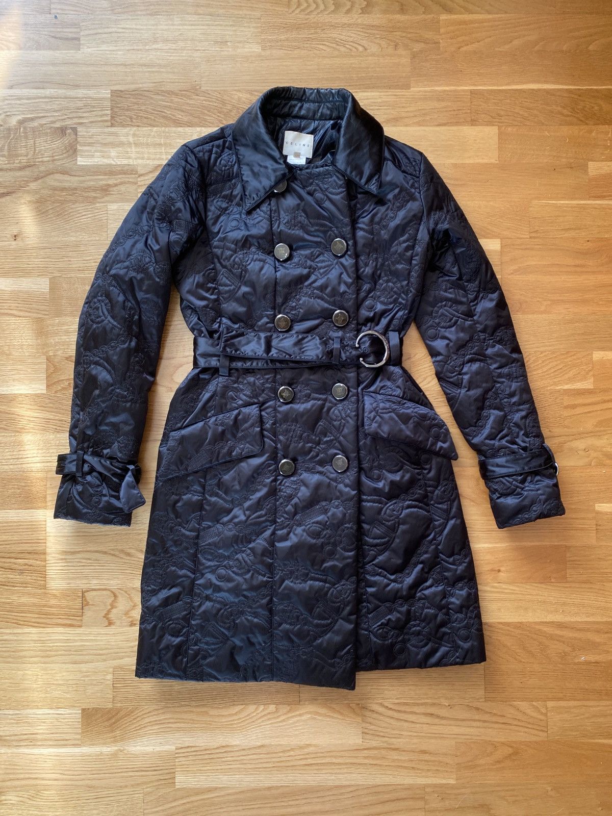 Celine CELINE Black Quilted Triomphe Logo Trench Coat Vintage 38 Size S / US 4 / IT 40 - 1 Thumbnail