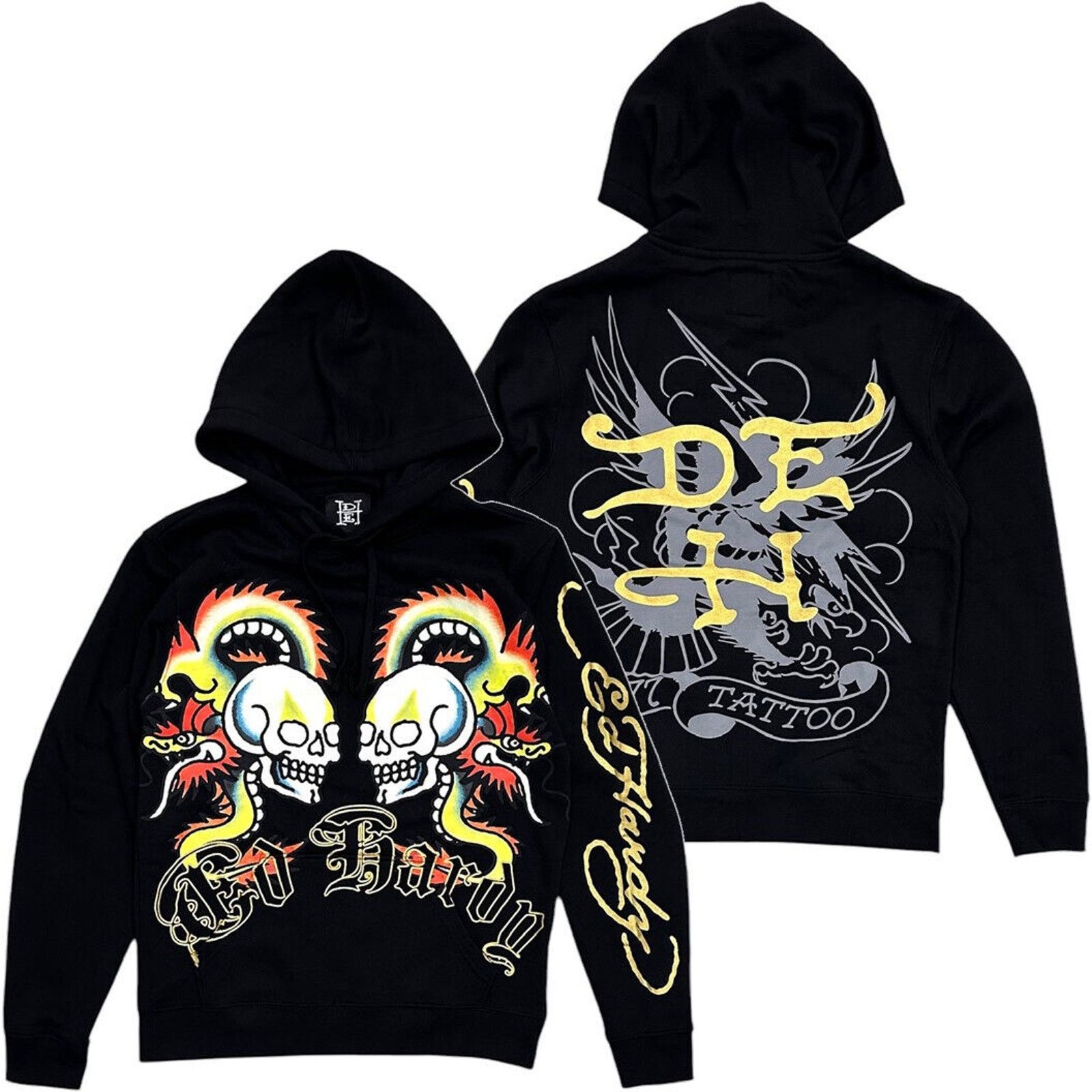 Ed Hardy Men's Hoodie Dragon Skull Gold Metallic Foil