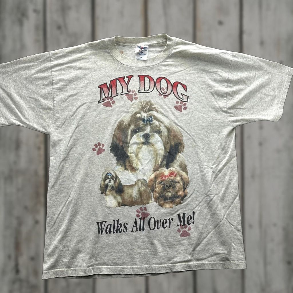 Jerzees VINTAGE Shih Tzu Dog Shirt Mens XL Gray Graphic My Dog Walks All Over Me 90s Size US XL / EU 56 / 4 - 1 Thumbnail