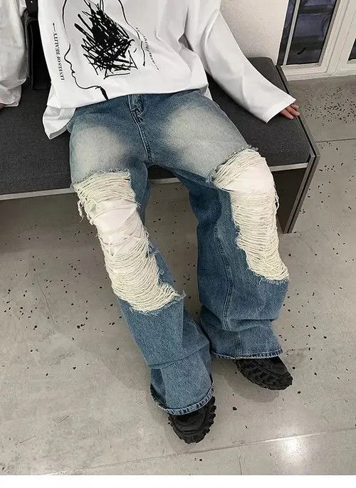 Jean Fujiwara x Asa Baggy distressed ripped wide leg y2k jeans Size US 34 / EU 50 - 8 Thumbnail