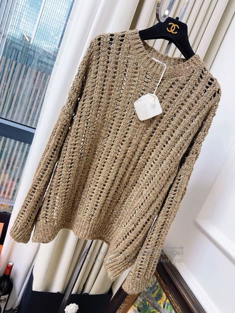 Brunello Cucinelli Caramel Openwork Sequin Long Sleeve Loo