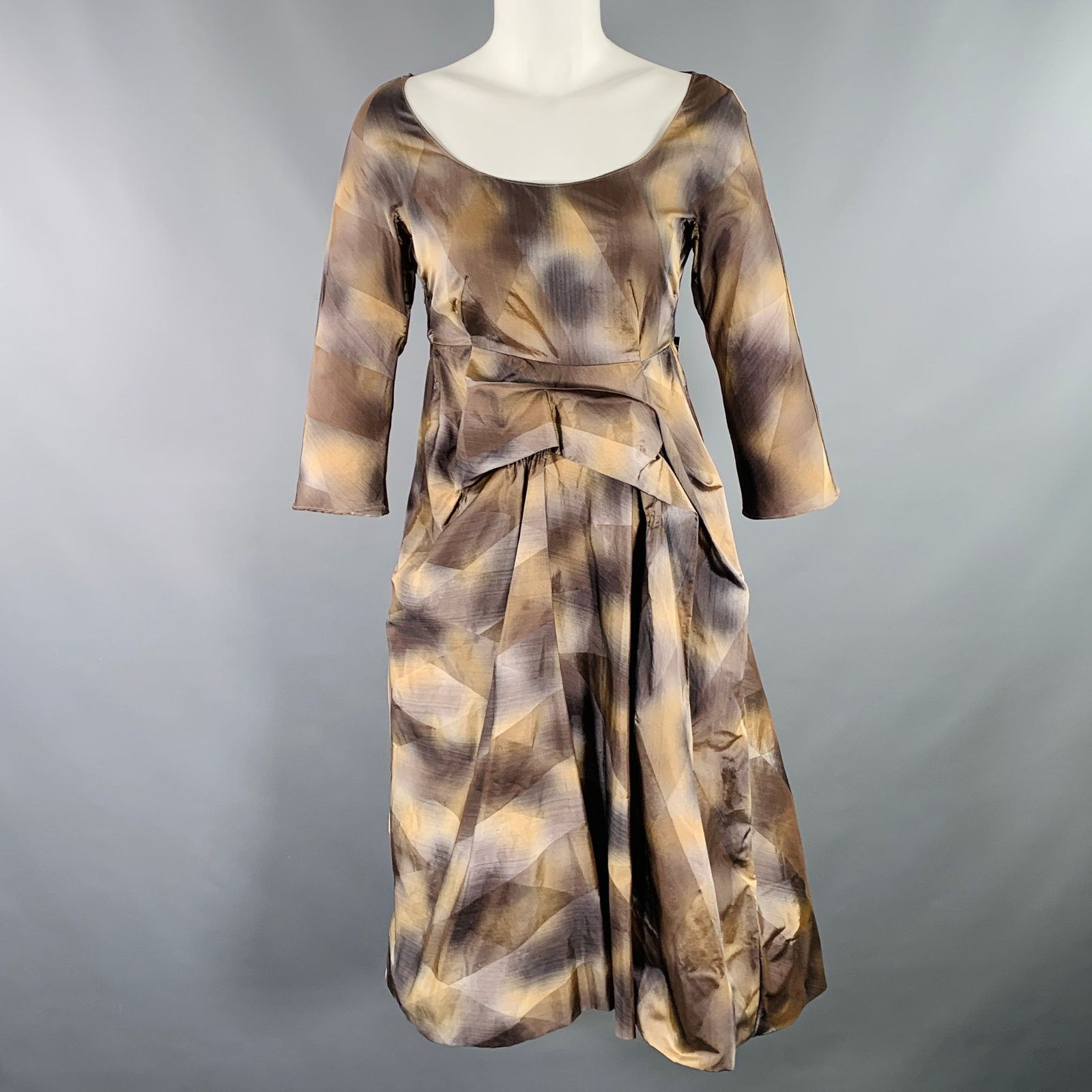 Marni Brown Beige Polyester Taffeta Diamond 3/4 Sleeves Dress Size XS / US 0-2 / IT 36-38 - 1 Thumbnail
