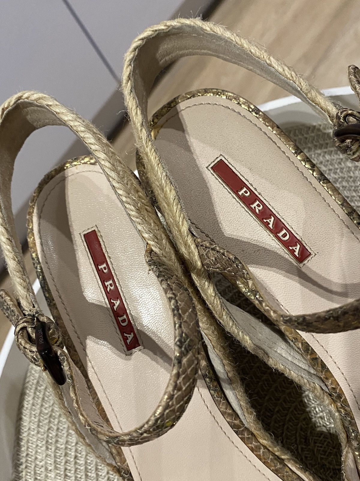 Prada Prada Bow Sandals with Ankle Strap Gold Snakeskin Leather Size US 11 / IT 41 - 4 Thumbnail