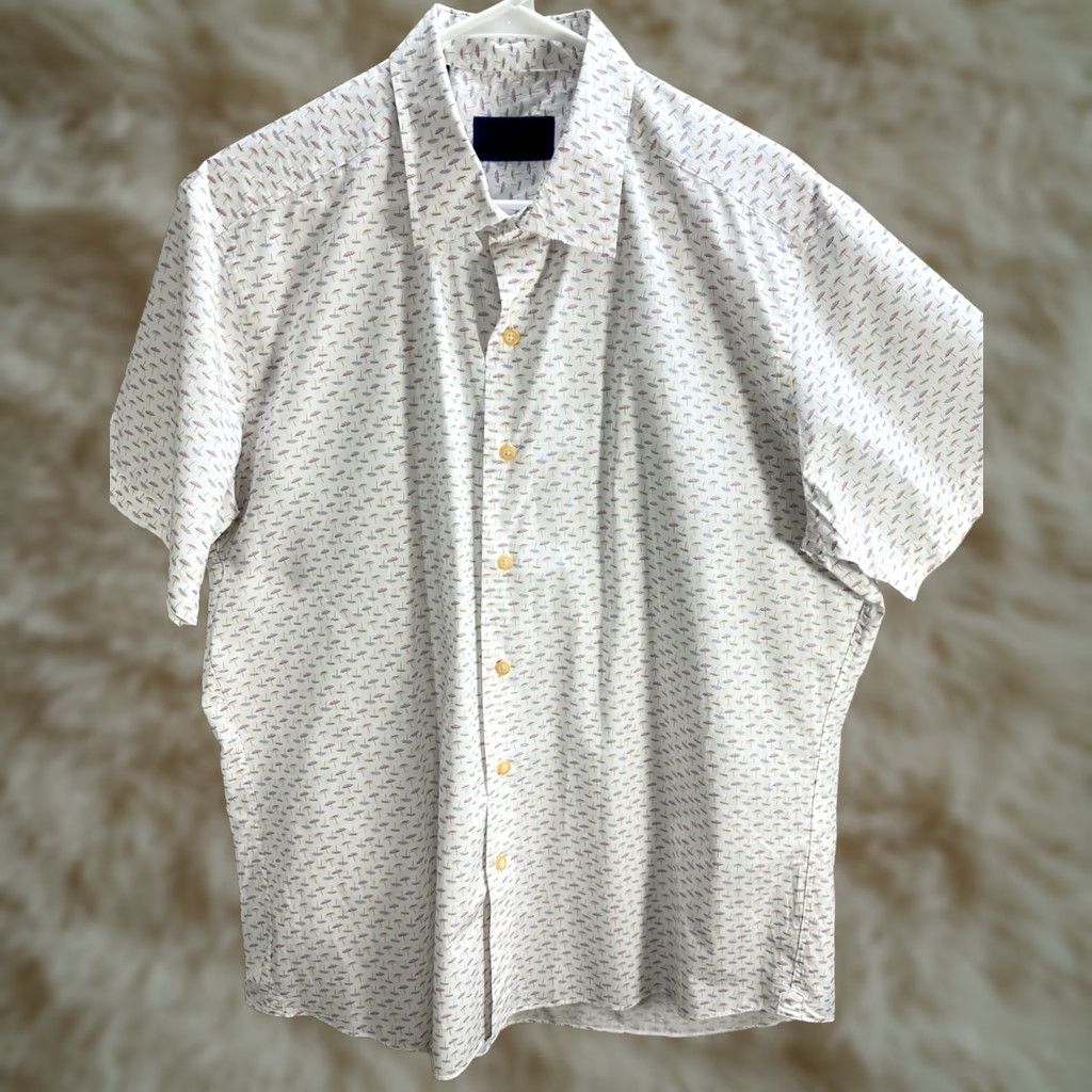 David Donahue David Donahue White Shirt Umbrellas Short Sleeve Cotton XL Mens Button-Up Shirt Size US XL / EU 56 / 4 - 1 Thumbnail