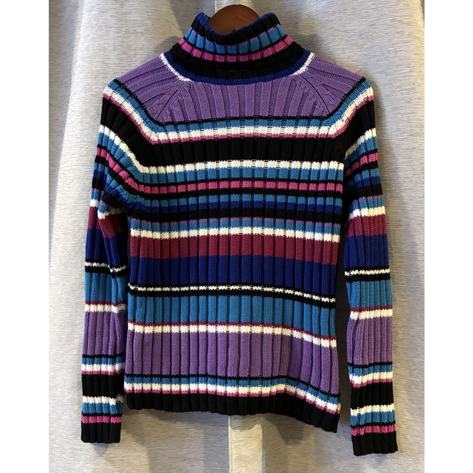 Vintage VINTAGE St Johns Bay Sweater Womens Large Striped Ribbed Turtleneck 90s Y2k Size L / US 10 / IT 46 - 2 Thumbnail