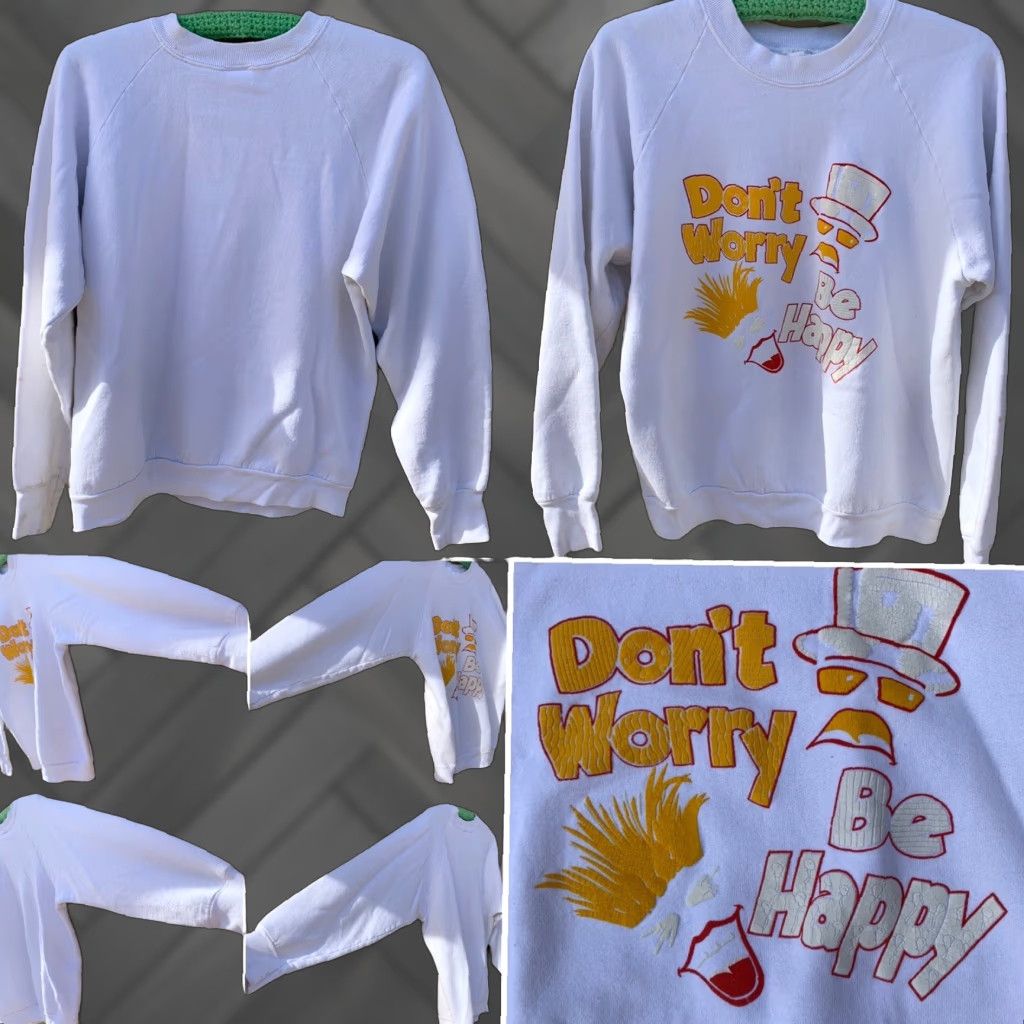 Vintage VINTAGE Don’t Worry Be Happy raglan sweatshirt 80s 90s 1980s Size M Mens White Graphic Sweatshirt Raglan Pullover Jumper Sweater Size US M / EU 48-50 / 2 - 1 Thumbnail