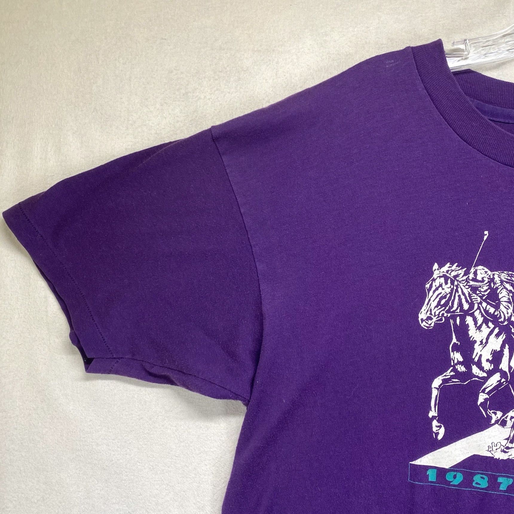 Hanes VINTAGE Hanes Horse Racing T-Shirt Purple 1980s Unisex Medium Short Sleeve Graphic Tee US Sportswear Size US M / EU 48-50 / 2 - 7 Thumbnail