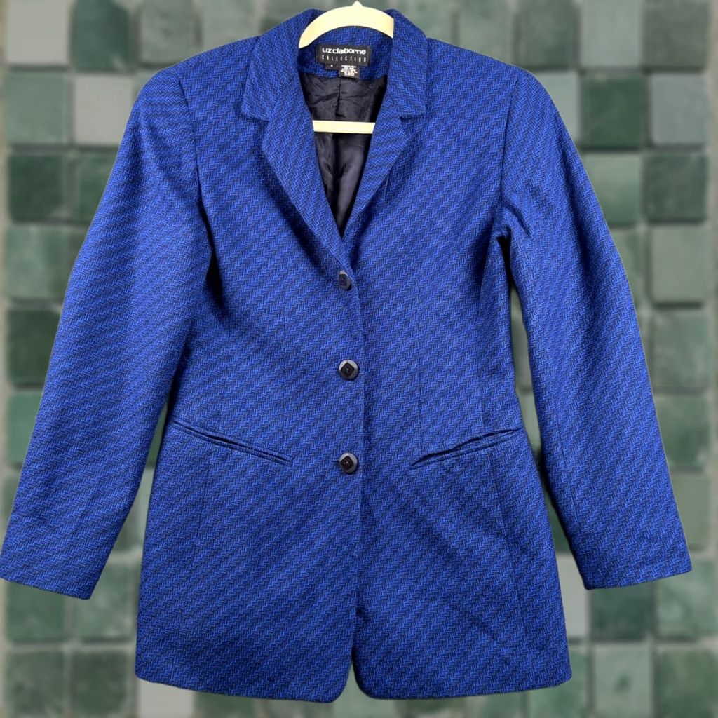 Vintage VINTAGE Liz Claiborne Collection Blazer Chevron Wool 4 Blue 100% Wool Single-Breasted 3-Button Notch Lined Womens Fall Winter USA Size S / US 4 / IT 40 - 1 Thumbnail