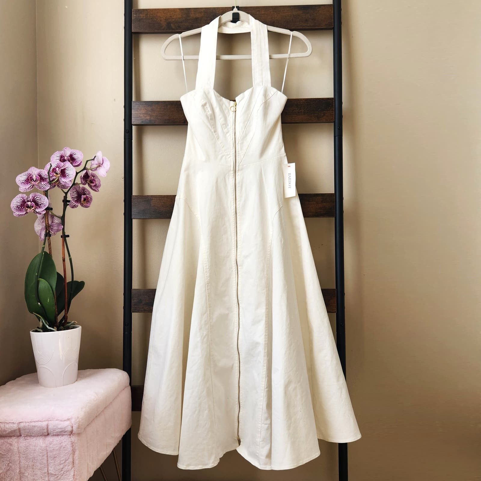 image of Unbrnd Bardot Women Ivory Cotton Halter Midi Summer Dress Size Us 2 in White