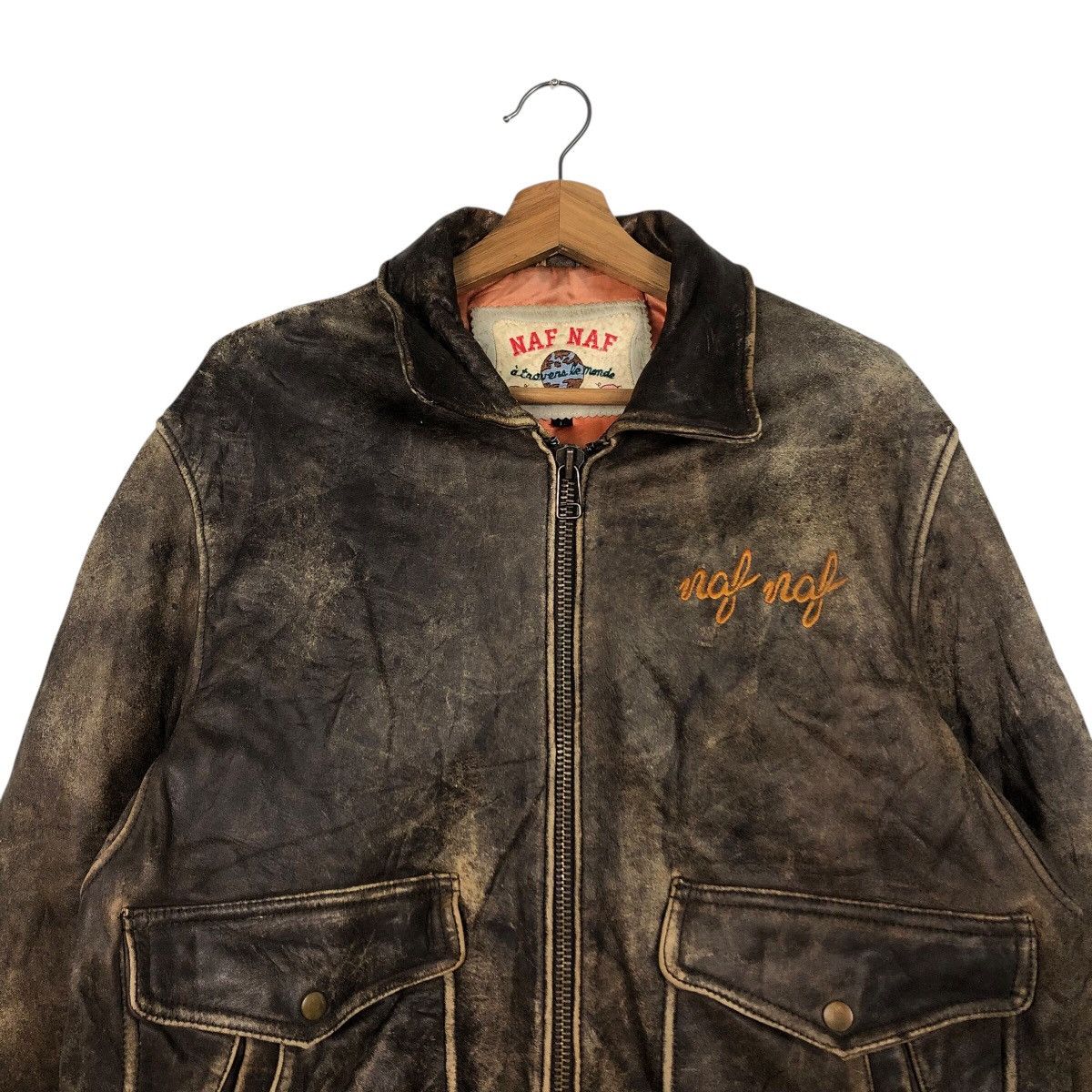 Japanese Brand 📌Vintage Flight Jumper Leather Jacket Naf Naf Big Logo Size US L / EU 52-54 / 3 - 5 Thumbnail