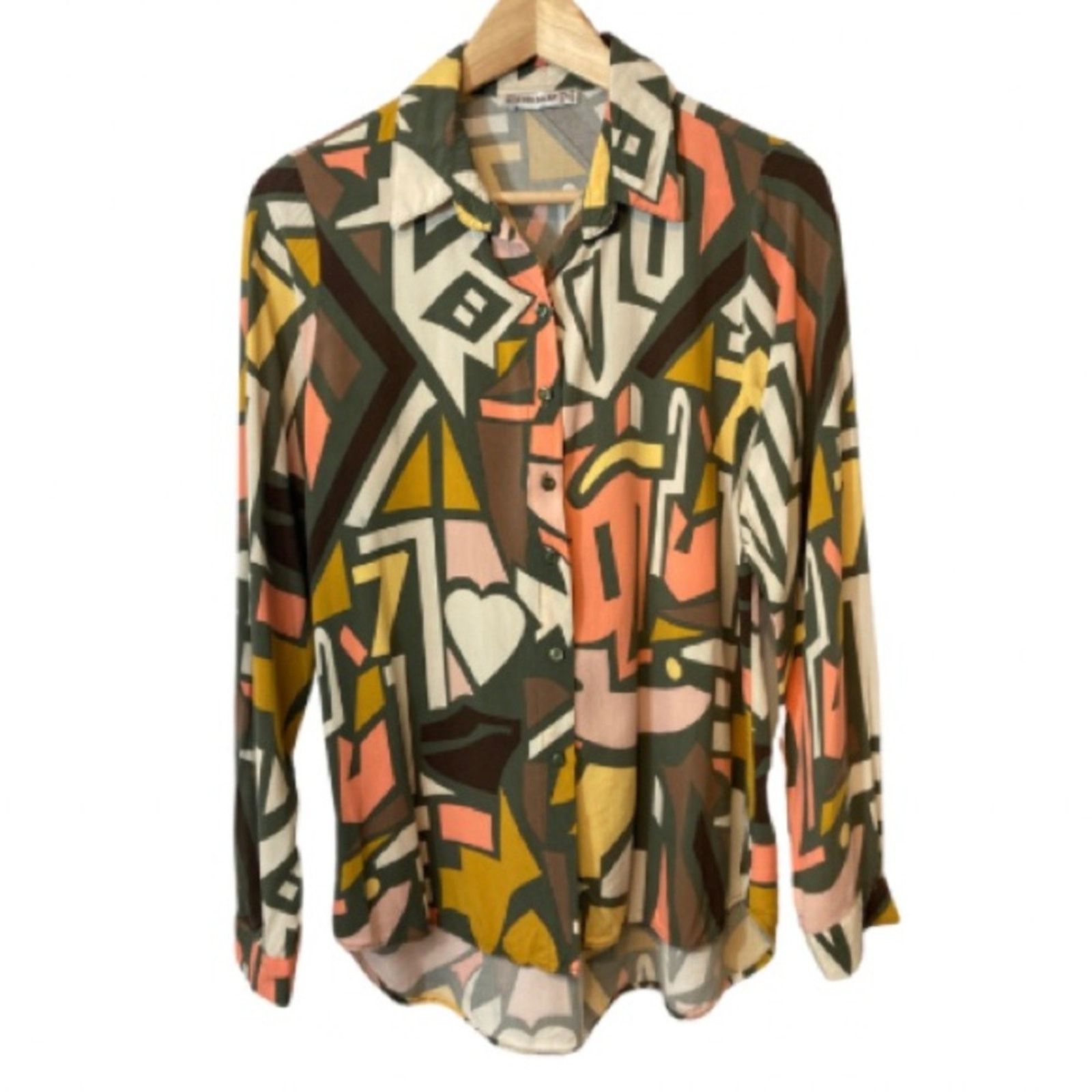 Other Big Dart Brown Orange Yellow Abstract Button Up Blouse Top Size M / US 6-8 / IT 42-44 - 1 Thumbnail