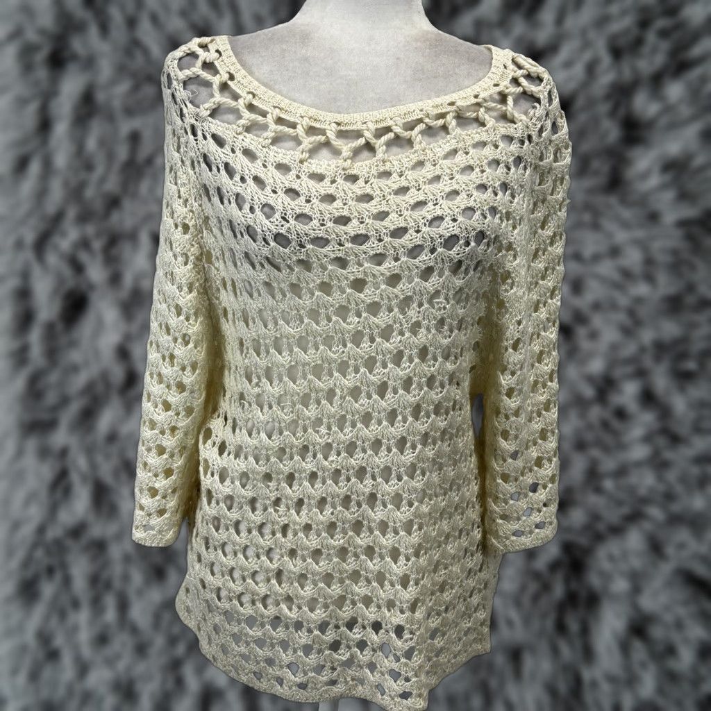 Vintage Chicos Sweater Shirt Open Knit Pullover 3/4 Sleeve M Womens Ivory Cream Knit Festival Y2K Crochet Size M / US 6-8 / IT 42-44 - 1 Thumbnail