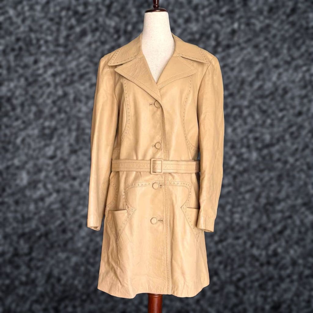 Vintage VINTAGE Leda Spain Gropper Leather Coat Jacket Beig e Belted Trench 1970s M/L Coat Mens Womens Size M / US 6-8 / IT 42-44 - 1 Thumbnail