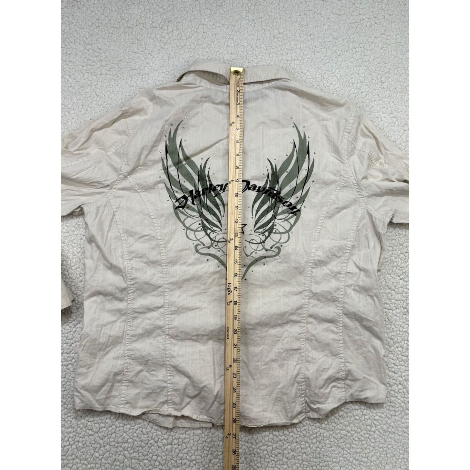 Harley Davidson Harley-Davidson Button-Up Shirt Womens 1X Plus Ivory Cotton Spandex Embroidered Rhinestone Size XL / US 12-14 / IT 48-50 - 6 Thumbnail