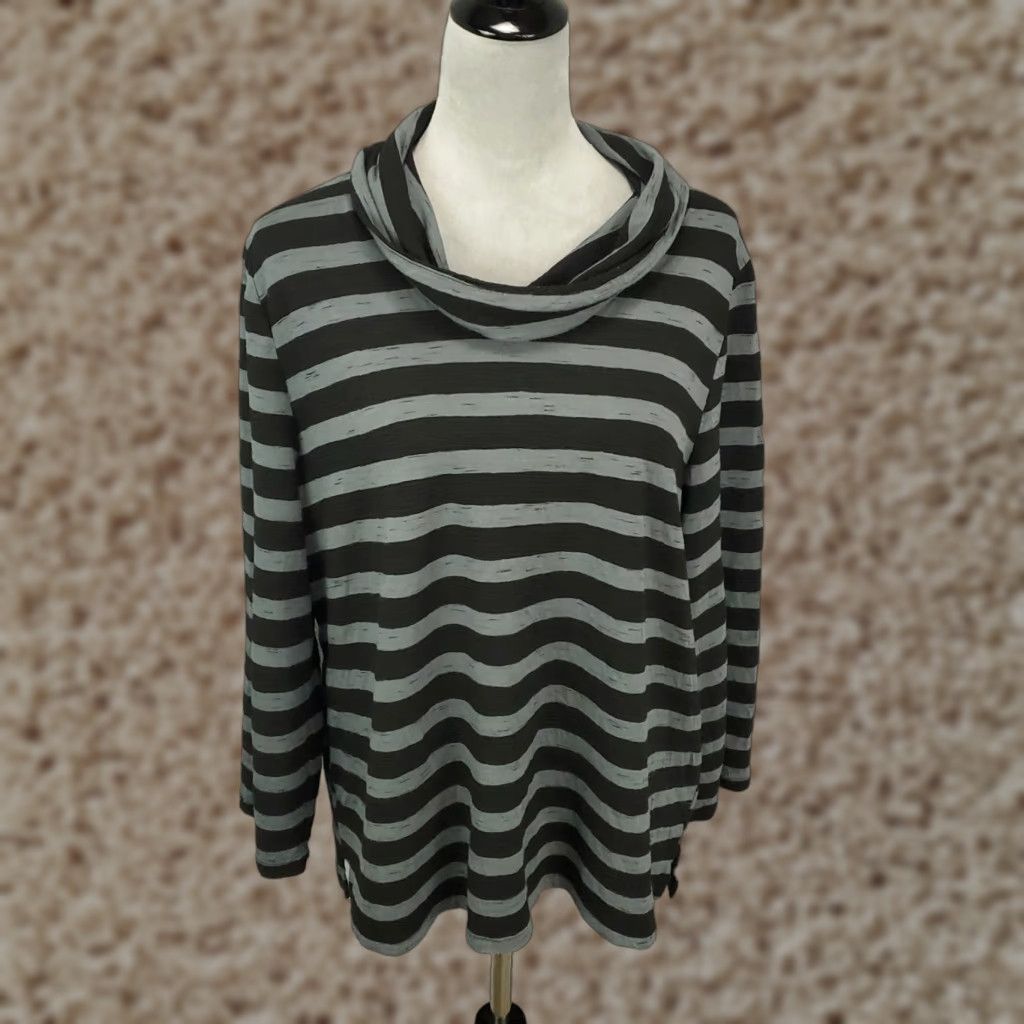 Habitat Habitat Blouse Tunic Womens Large Gray Black Striped Long Sleeve Cowl Neck Size L / US 10 / IT 46 - 1 Thumbnail