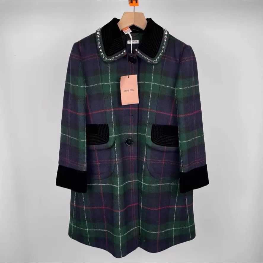 Miu Miu MIUMIU Green Check Overcoat Doll Collar Velvet Studded 40 Size S / US 4 / IT 40 - 1 Thumbnail