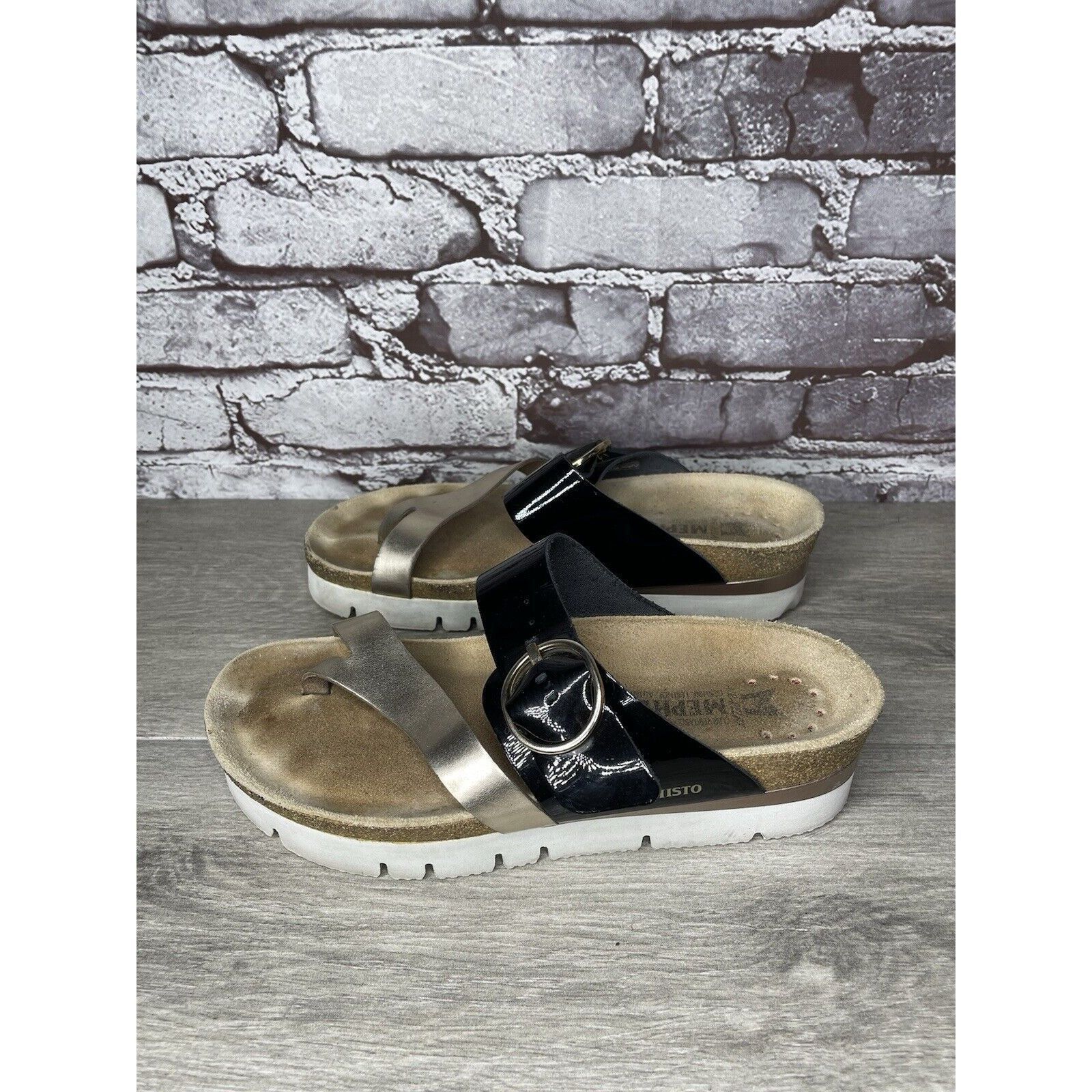 Mephisto Mephisto Silver Leather Black Patent Toe Strap Cork Wedge Sa Size US 8 / IT 38 - 14 Thumbnail