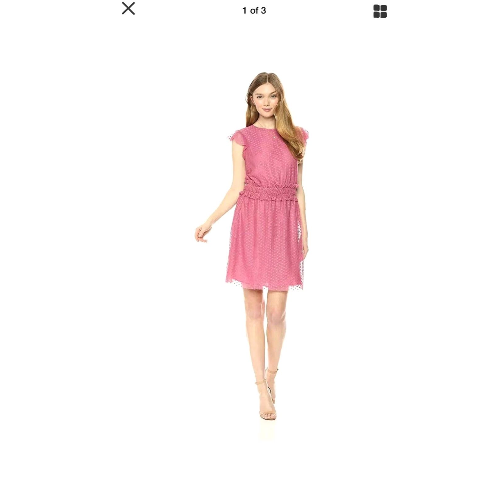 Pinko Ella Moon Women’s Sleeveless Ruffle Shoulder Smocked Waist Mini Dress M Heather Pink 90s Moon Rose Pattern Size M / US 6-8 / IT 42-44 - 2 Thumbnail