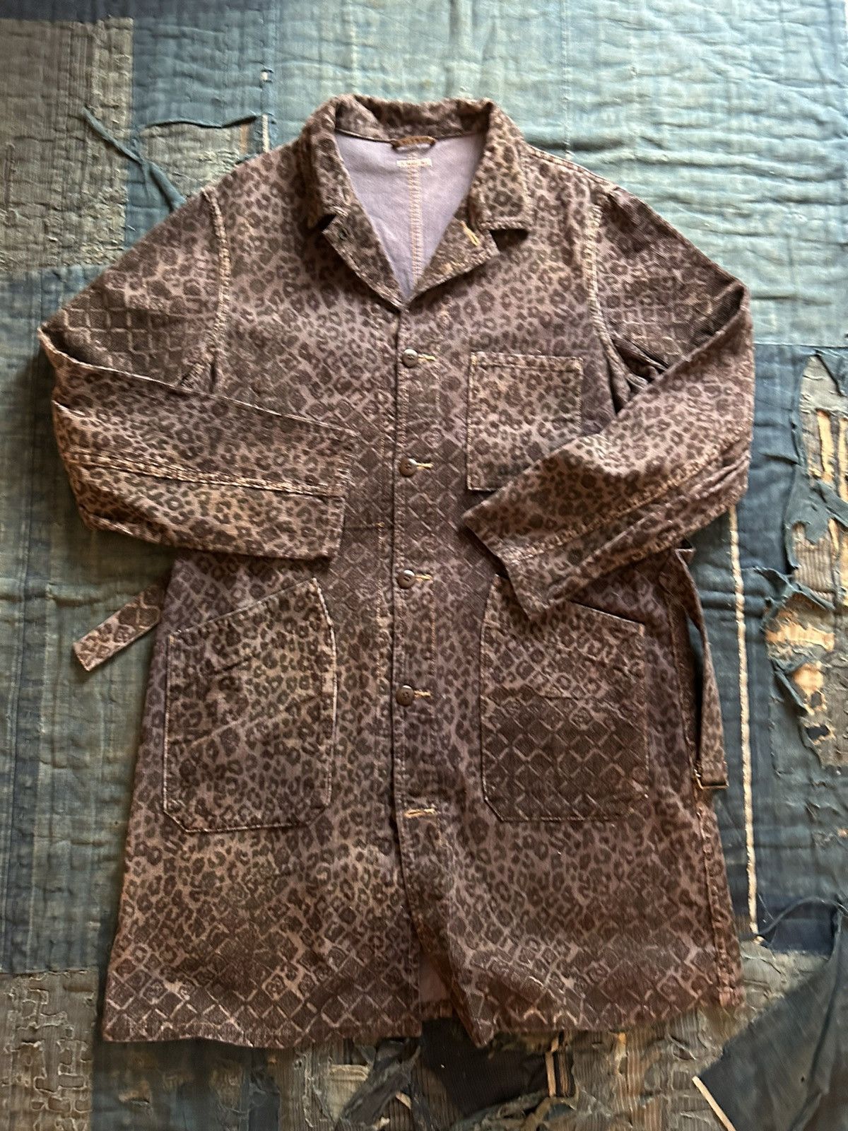 image of Kapital Leopard Corduroy Long Coat in Purple, Men's (Size Medium)