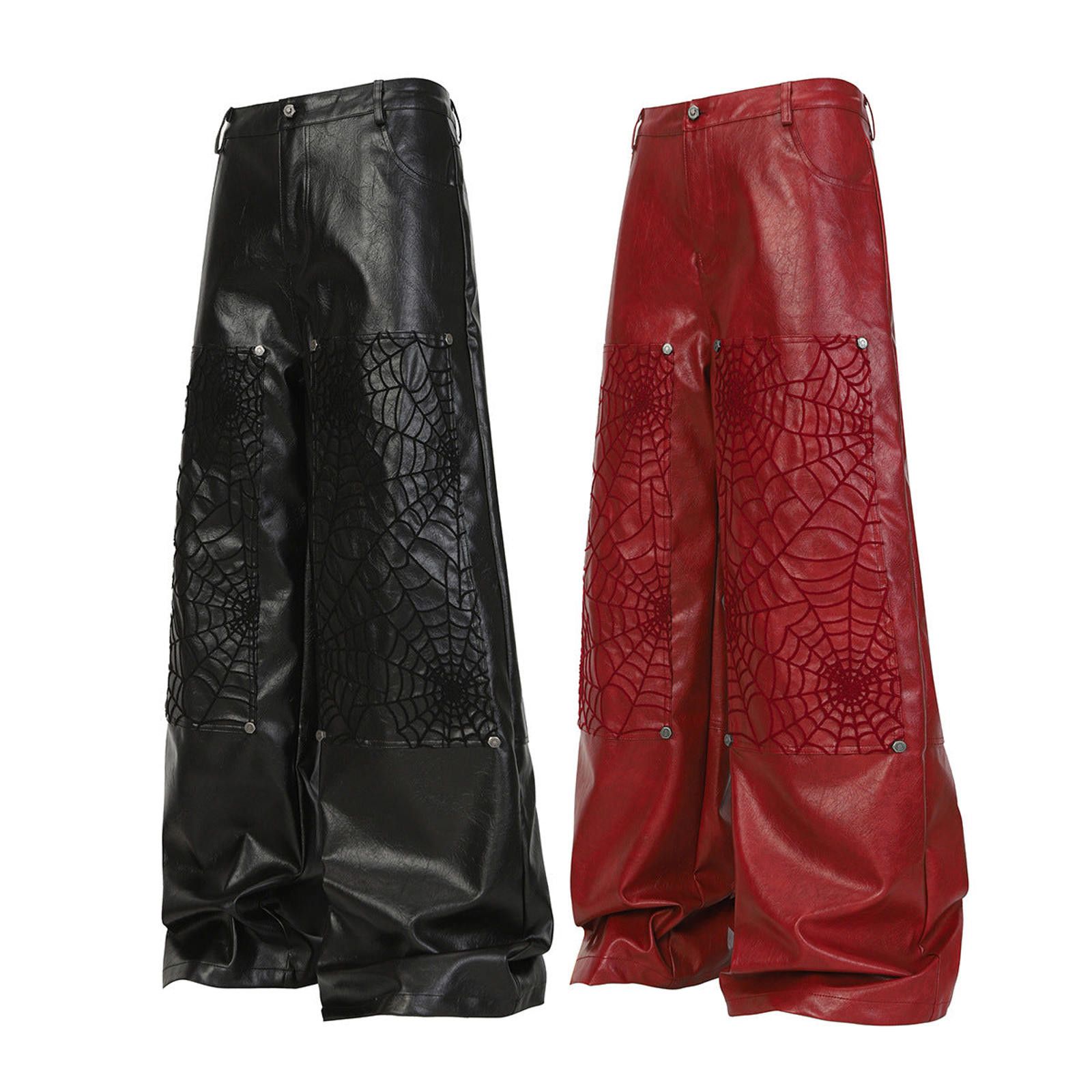 Japanese Brand Black Wide Leg Leather Pants, Embossed Spiderweb Design Size US 32 / EU 48 - 5 Thumbnail