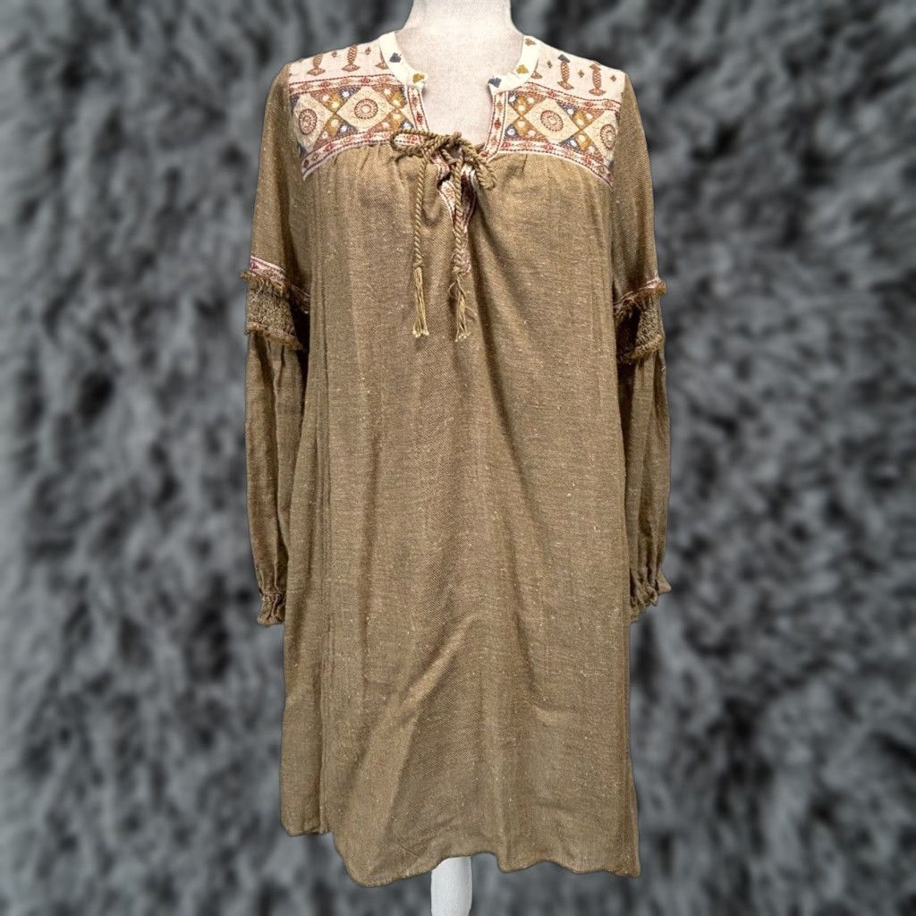 Free People Dress Womens M Tan Boho Embroidered Shift Long Sleeve - tzaid.sa