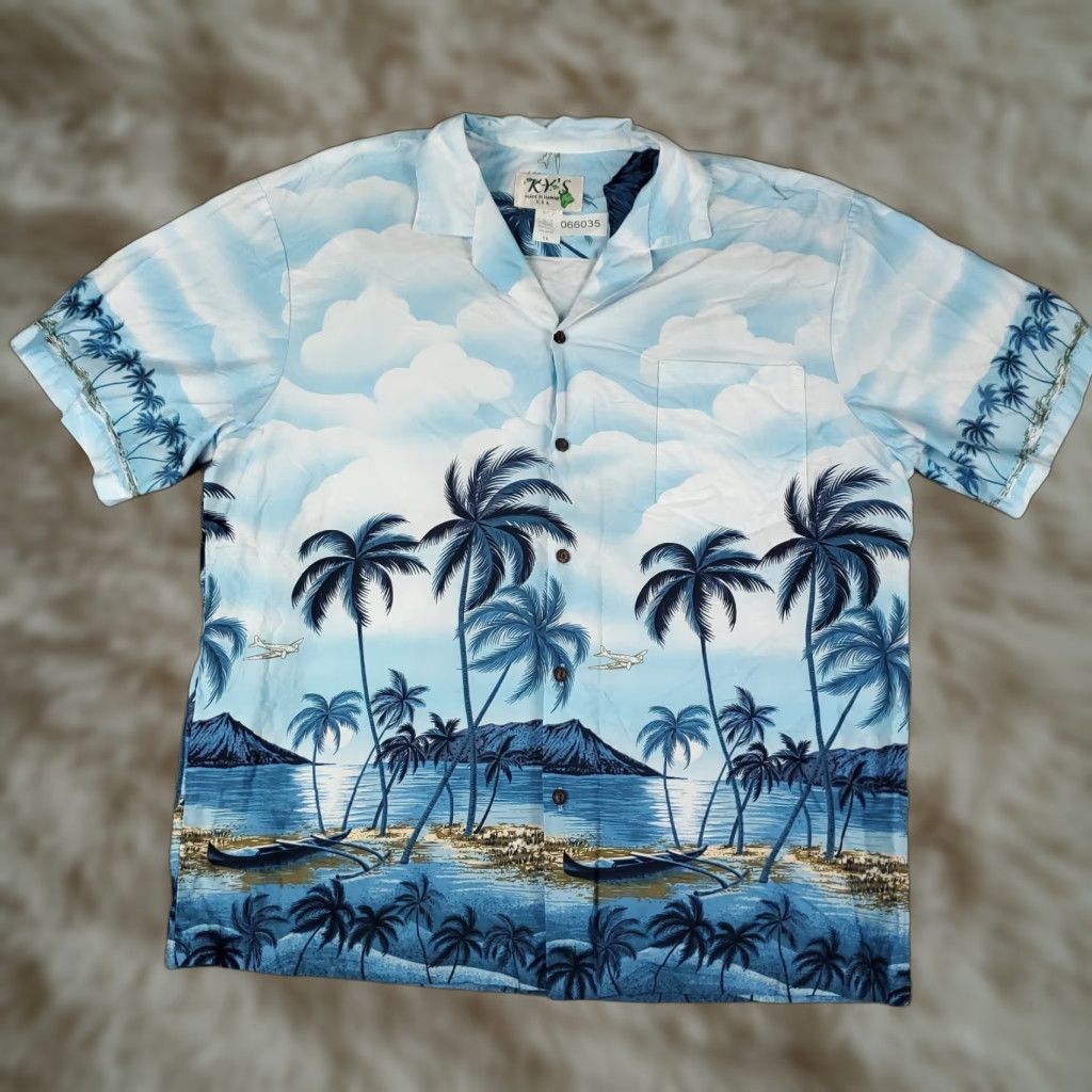 Vintage Ky's Shirt Mens XL Blue Palm Tree Print Hawaiian Button Up Short Sleeve Shirt Size US XL / EU 56 / 4 - 1 Thumbnail