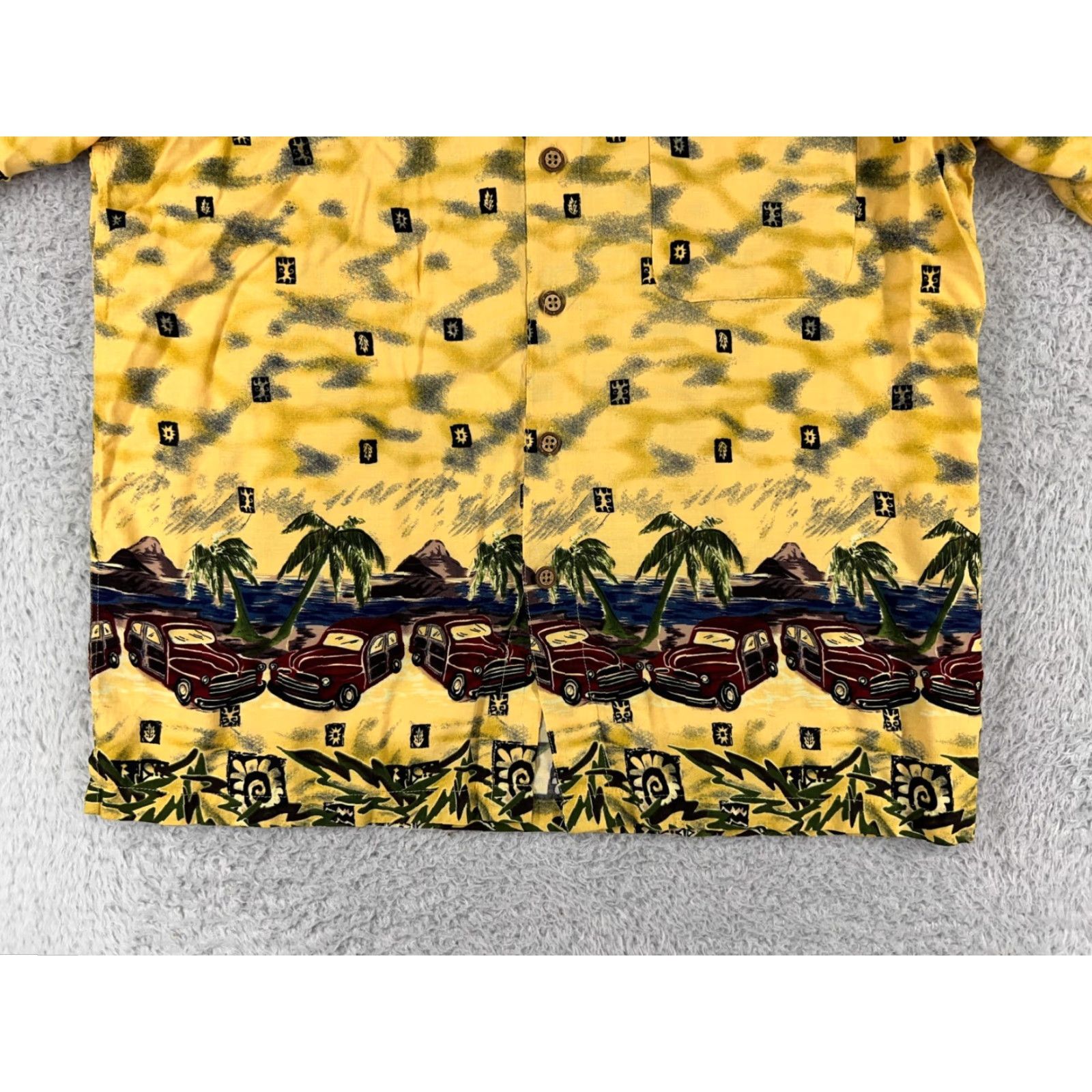 Vintage Chereskin Mens Leaf Yellow Button-Up Shirt Hawaii Aloha Beach Hawaiian Rayon Car Palm Floral Short Sleeve Regular Fit 40in Chest Men’s Shirt Size US L / EU 52-54 / 3 - 5 Thumbnail
