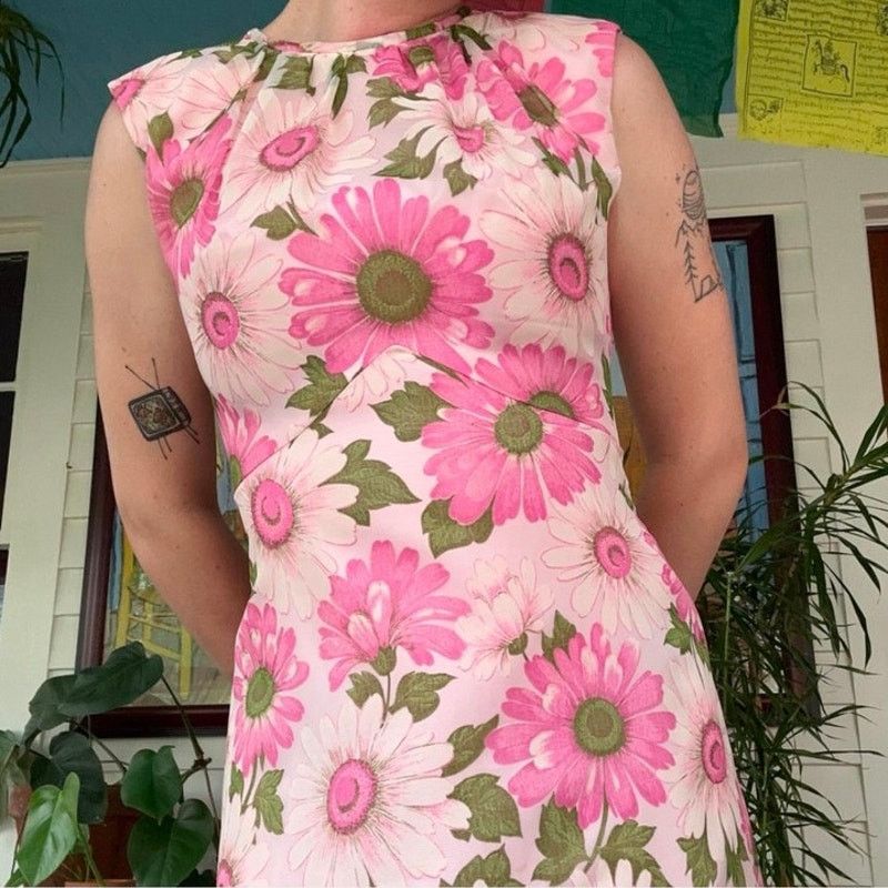 Vintage Vintage 60s Pink Green Flower Power Maxi Dress XS Small Boho Size S / US 4 / IT 40 - 2 Thumbnail