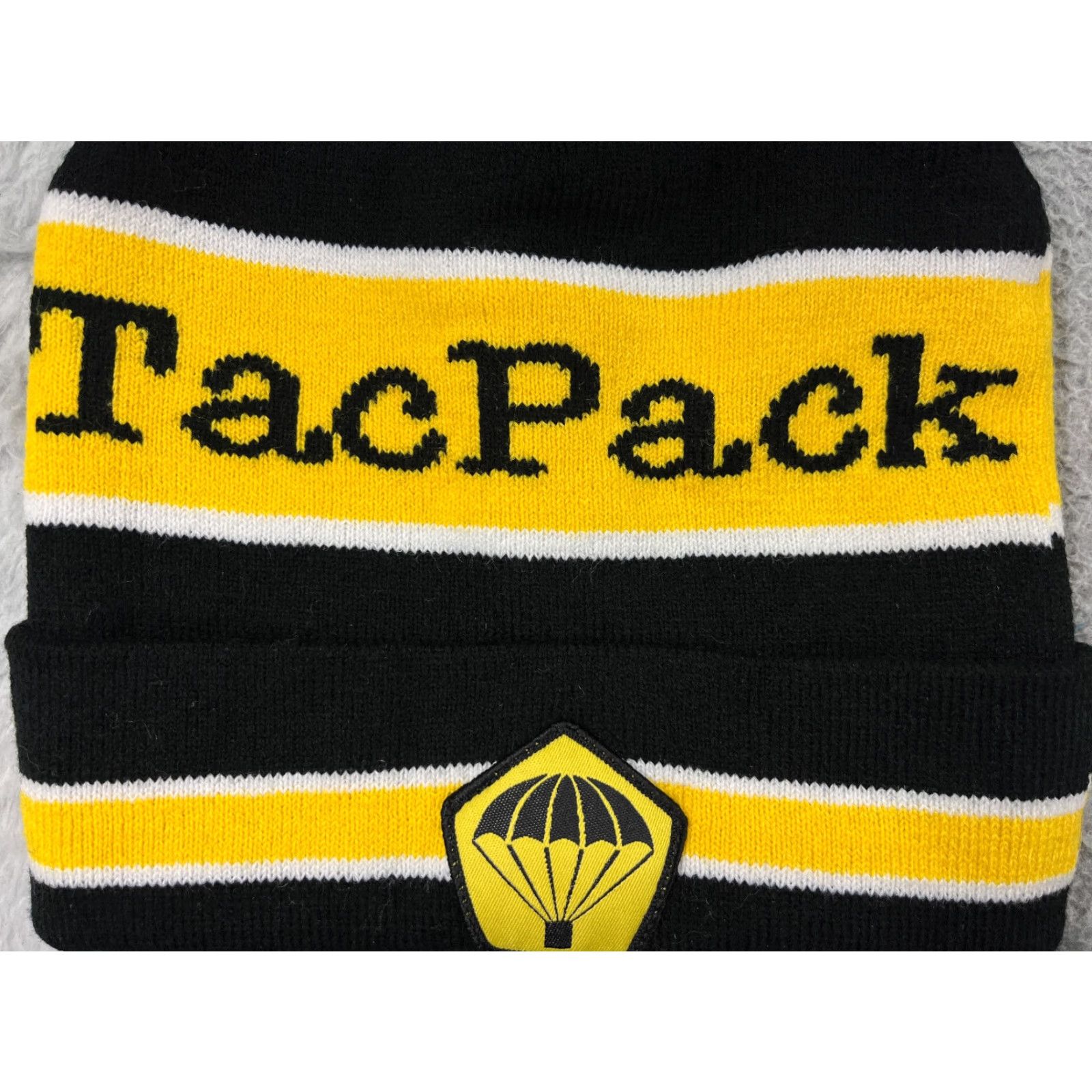 Vintage TacPack Beanie TacPack Hat Adult One Size Beanie Black Yellow Knit 100% Acrylic Ski Snow Pom Striped - Mens Size ONE SIZE - 2 Thumbnail