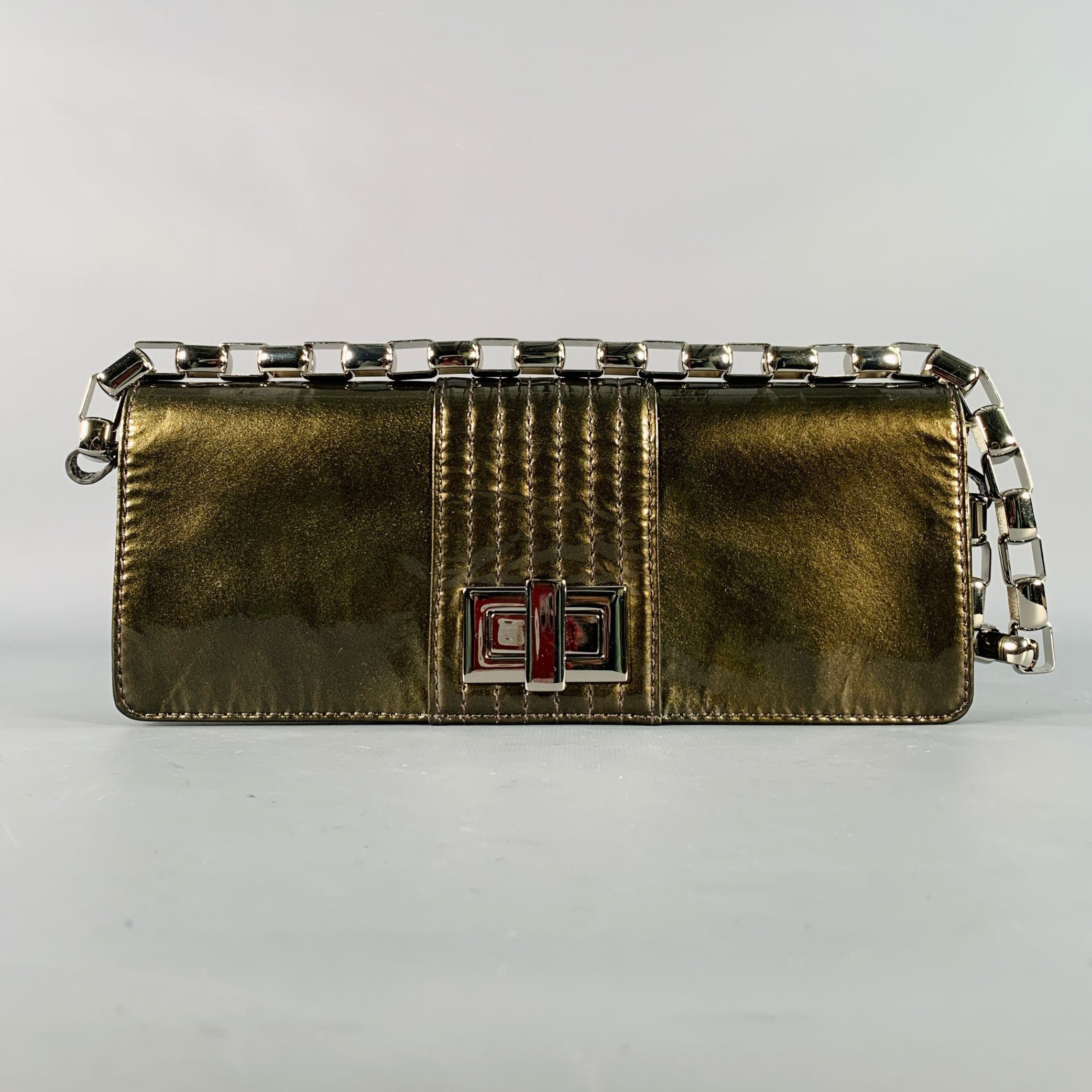 KOOBA Silver Olive Patent Leather Turnlock Clutch Handbag - Main Image