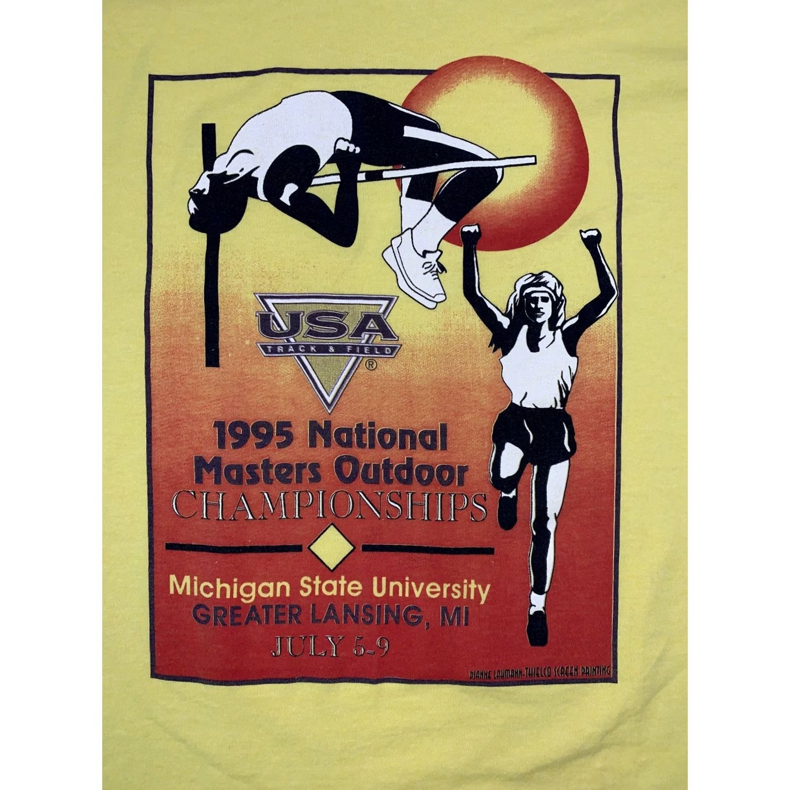 Fruit Of The Loom VINTAGE Michigan State University USA Track & Field T Shirt 1995 2XL Yellow Cotton Blend Short Sleeve Crew Neck Unisex Adults Nike? Size US XXL / EU 58 / 5 - 2 Thumbnail