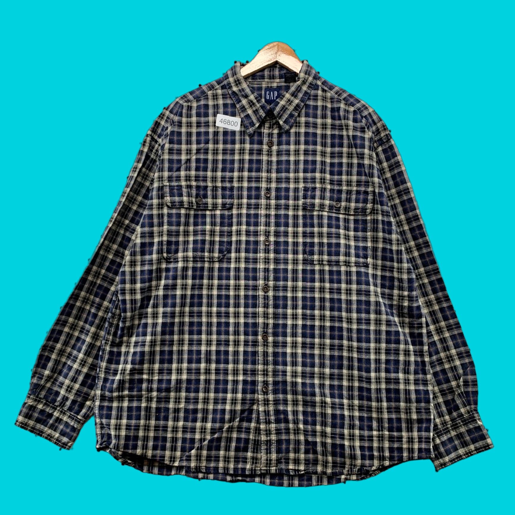 VINTAGE Gap Button-Up Shirt Mens XL Blue Plaid Long Sleeve 100% Cotton Casual Button-Down Pockets Men