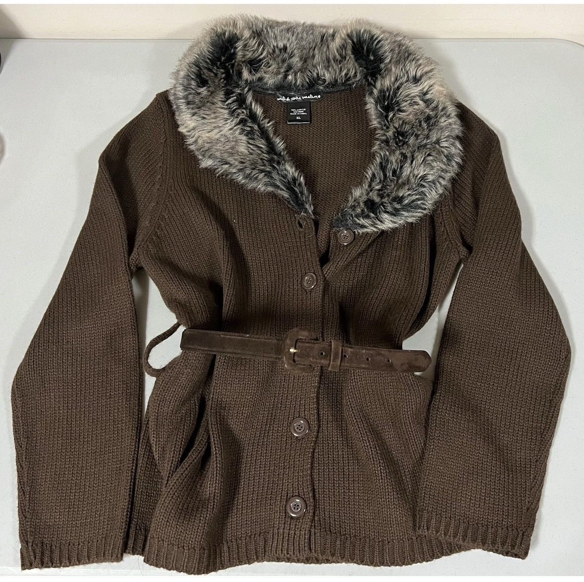 United Arrows Brown Knit Fur Button-Up Belted Sweater Cardigan Top XL 🤎✨ Size XL / US 12-14 / IT 48-50 - 1 Thumbnail