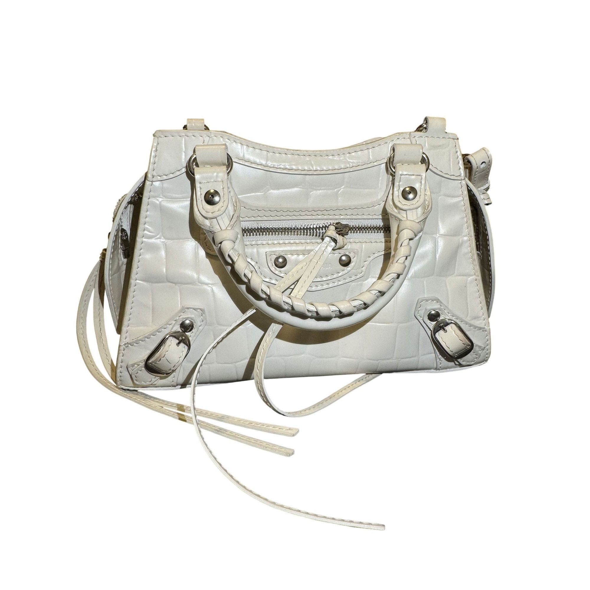 Balenciaga White Croc-Embossed Leather Mini City Bag With Si, Women's
