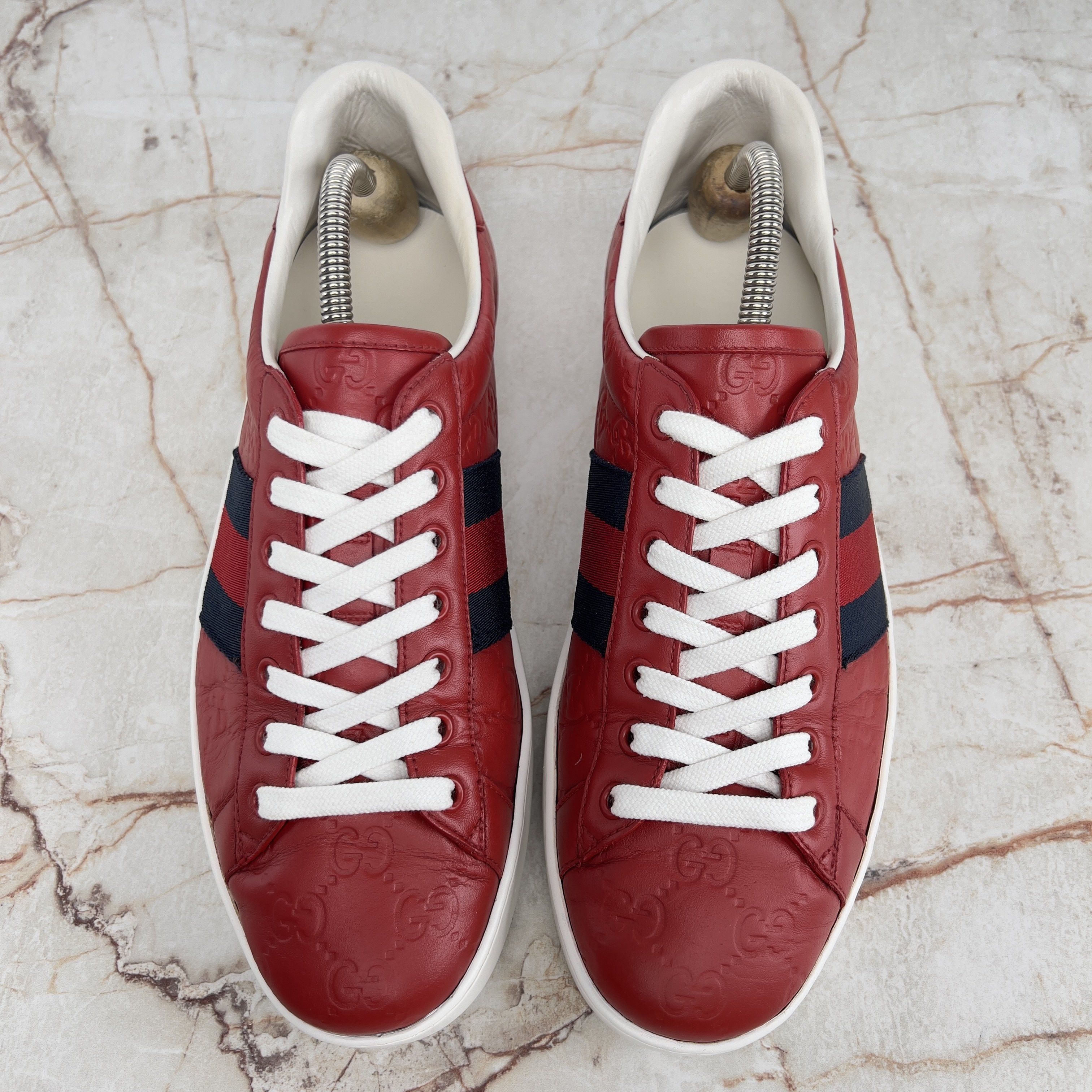 Gucci Ace Web GG Monogram Low Top Sneakers Red Leather Size US 8 / EU 41 - 2 Thumbnail
