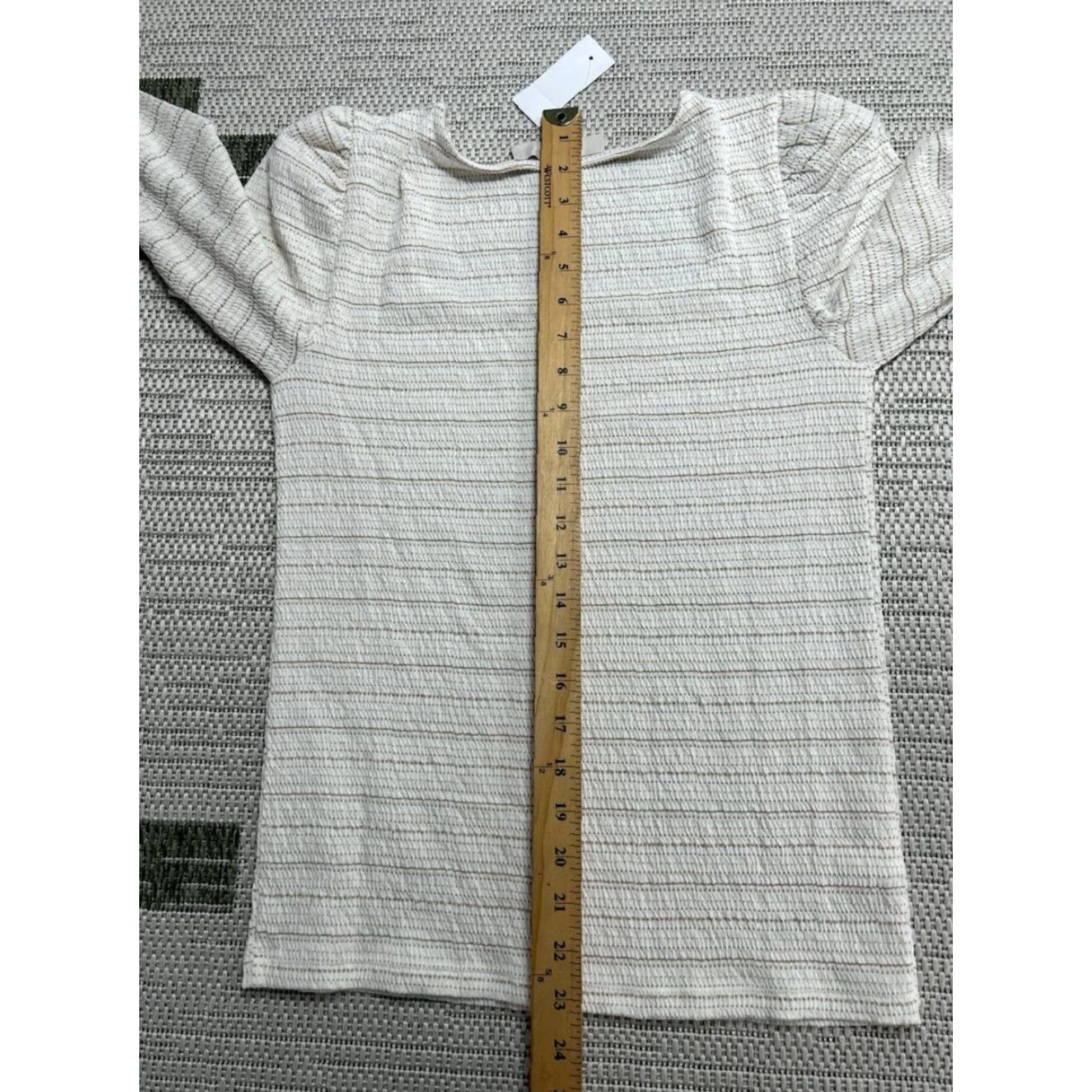 Loft Loft Top Women Medium Beige Stripes Puff Sleeve Square Neck Knit Polyester Rayon Spandex Size M / US 6-8 / IT 42-44 - 4 Thumbnail