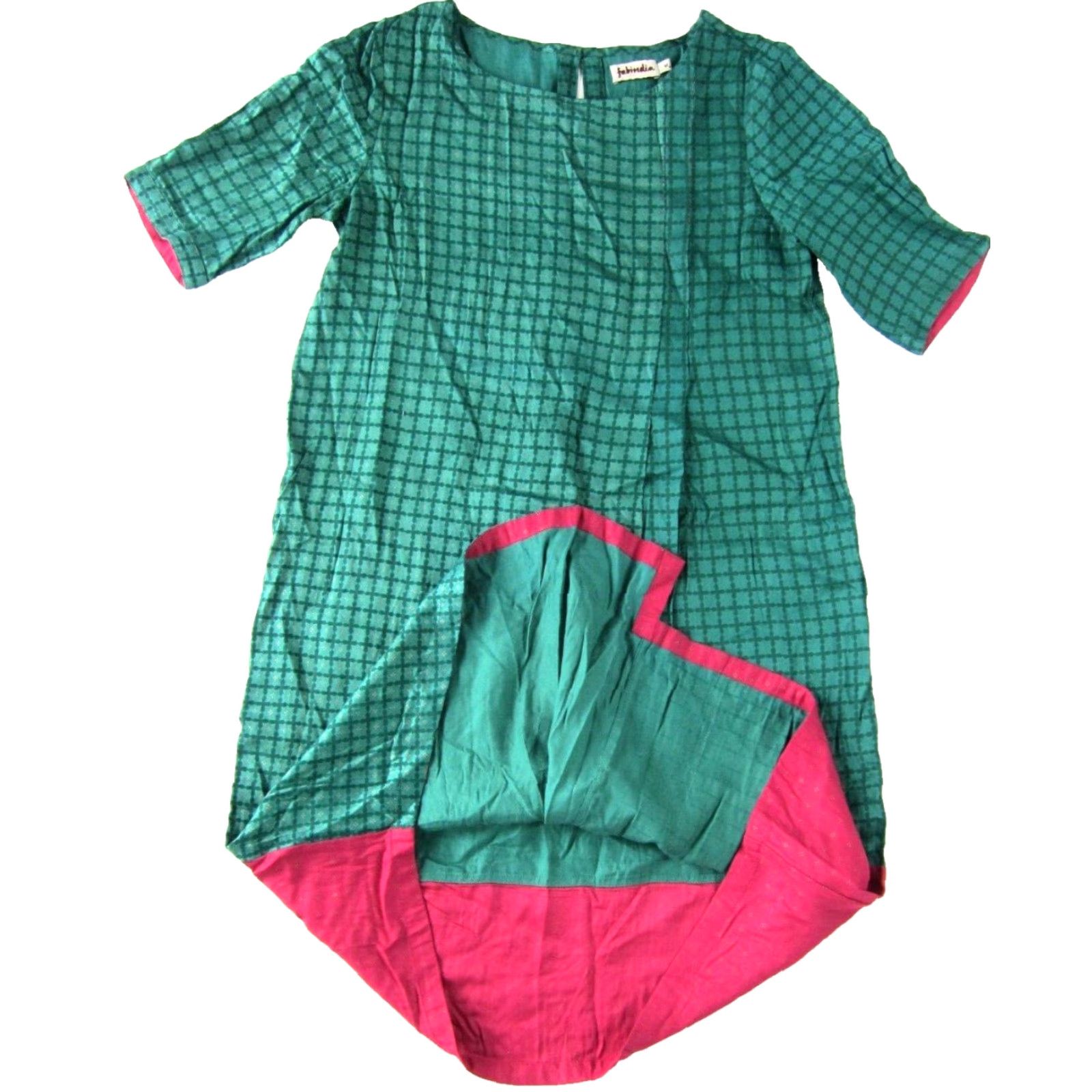 Pinko VINTAGE Fabindia Kurta Dress Short Sleeve Green Pink Gold Cotton Midi Dress Medium Womens Size 32" / US 10 / IT 46 - 6 Thumbnail