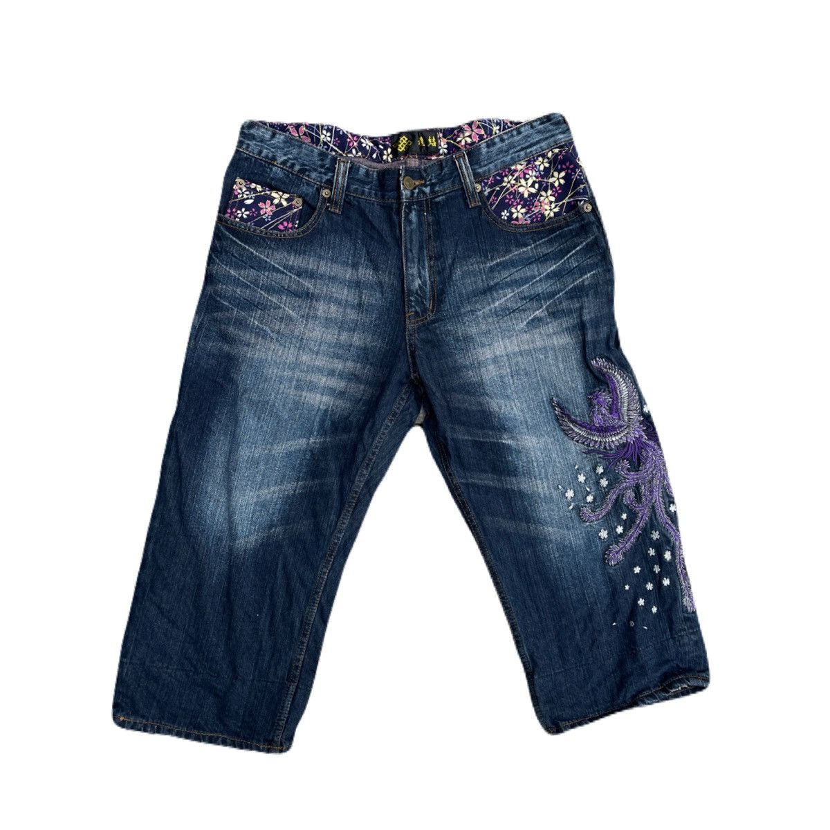 If Six Was Nine 2000s Japanese Wabori Yakuza Embroidery Denim Jorts Size US 31 - 2 Thumbnail