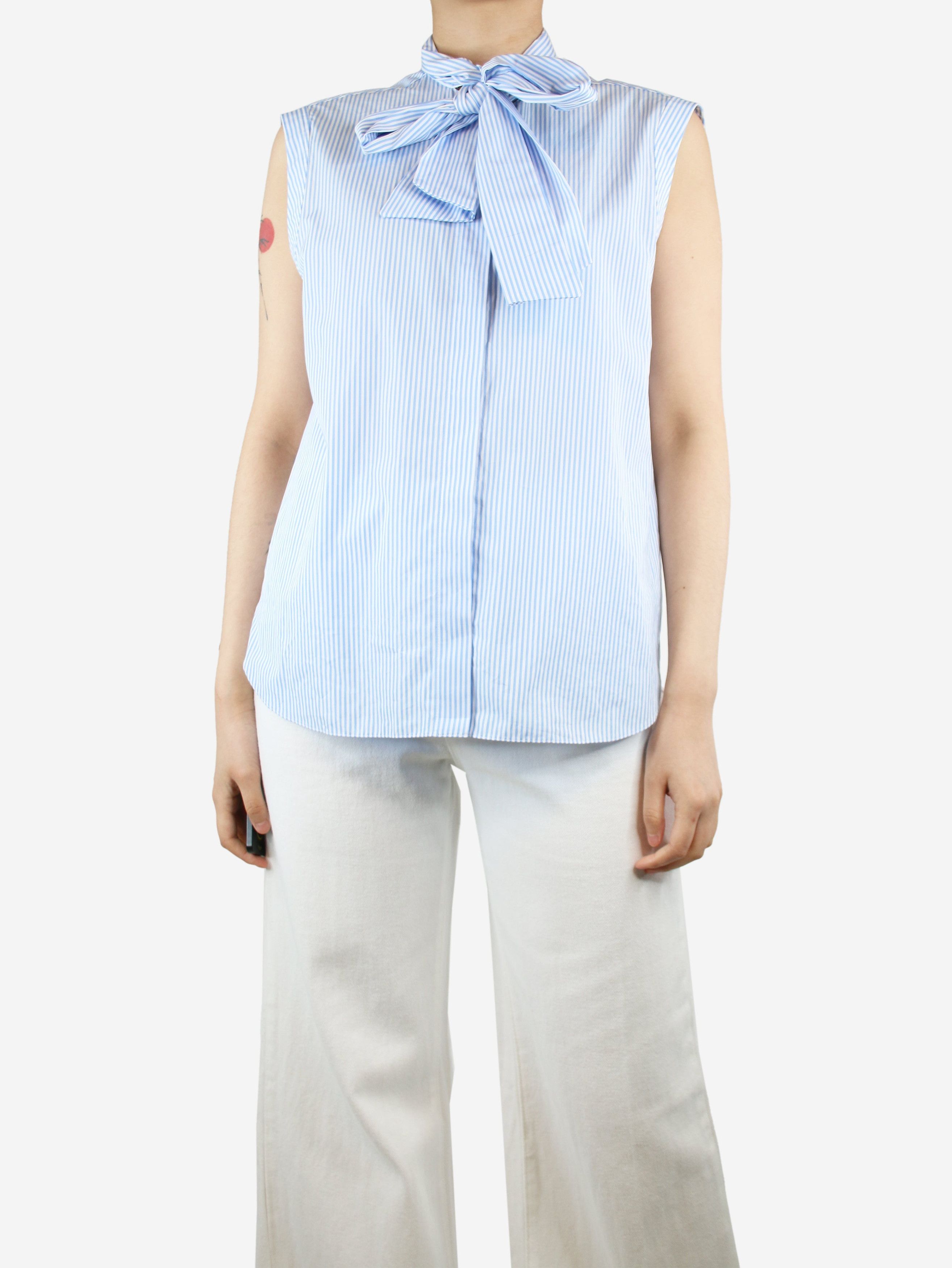 image of Blue Sleeveless Neck-Tie Striped Shirt - Size Uk 12, Women's