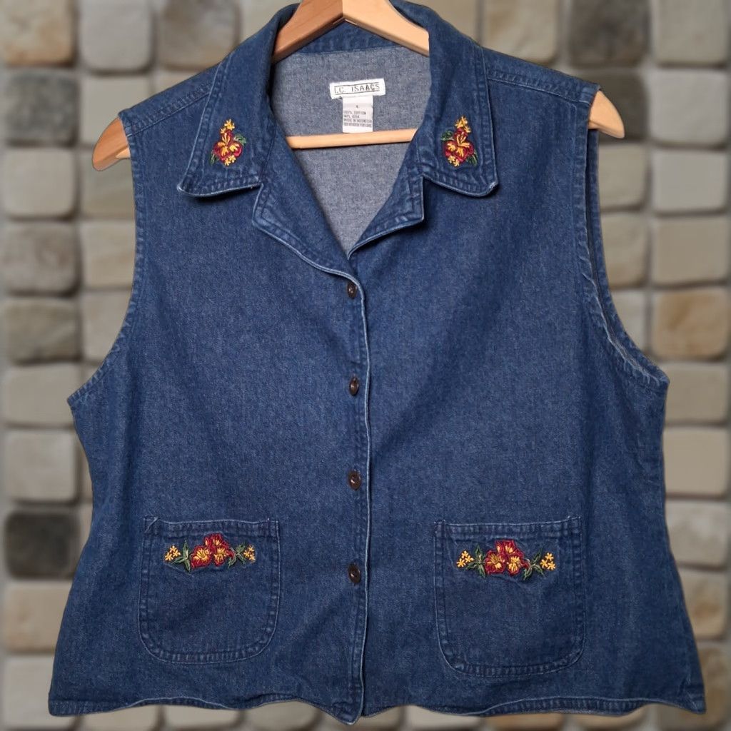 Denime VINTAGE I. C. Isaacs Vest Shirt Women L Blue Chambray Denim Floral Embroidered Sleeveless V-Neck Casual 90s Cottagecore Size L / US 10 / IT 46 - 1 Thumbnail