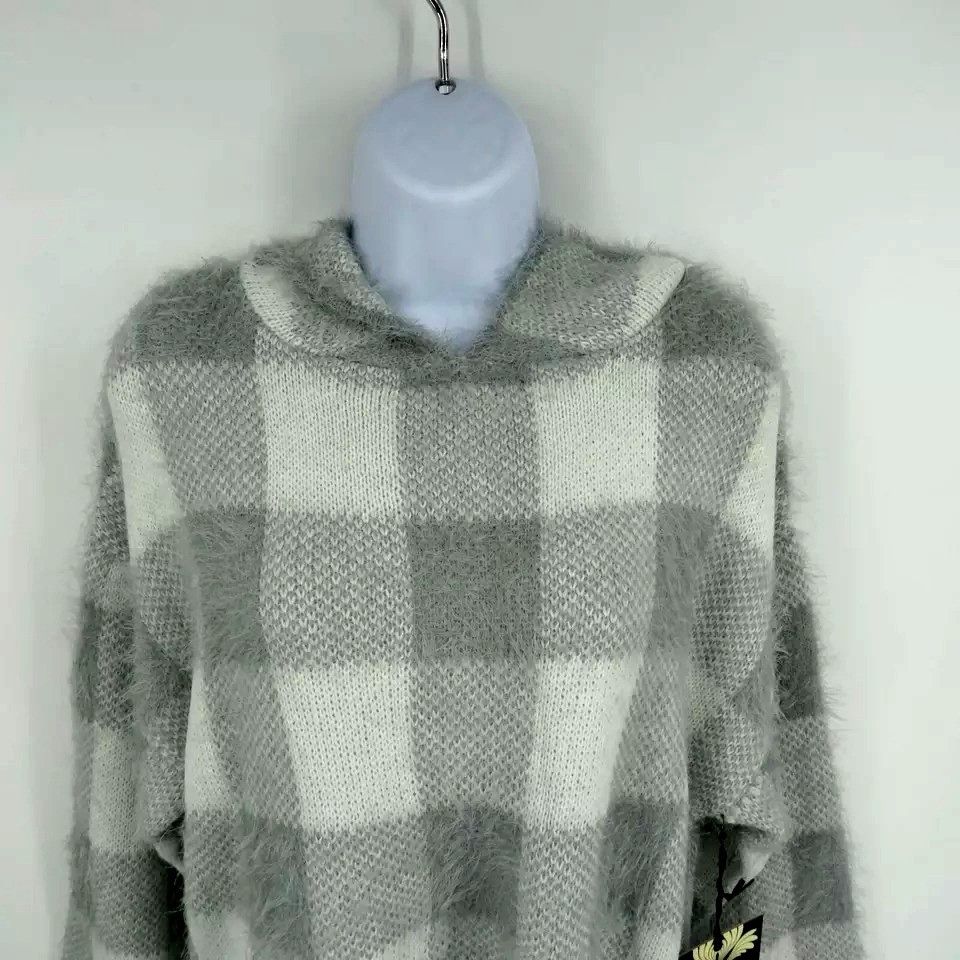 Other Cliche' Gray & White Plaid Large Hooded Sweater NWT Size L / US 10 / IT 46 - 3 Thumbnail